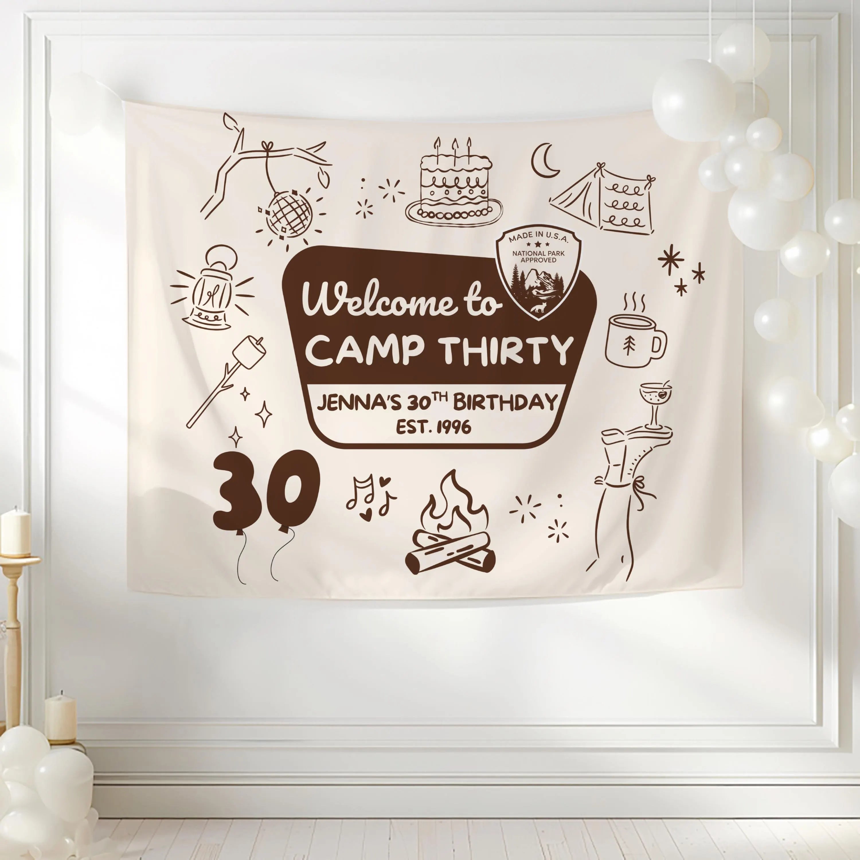 Camp themed birthday banner inspired by national parks featuring custom birthday details and outdoor doodles