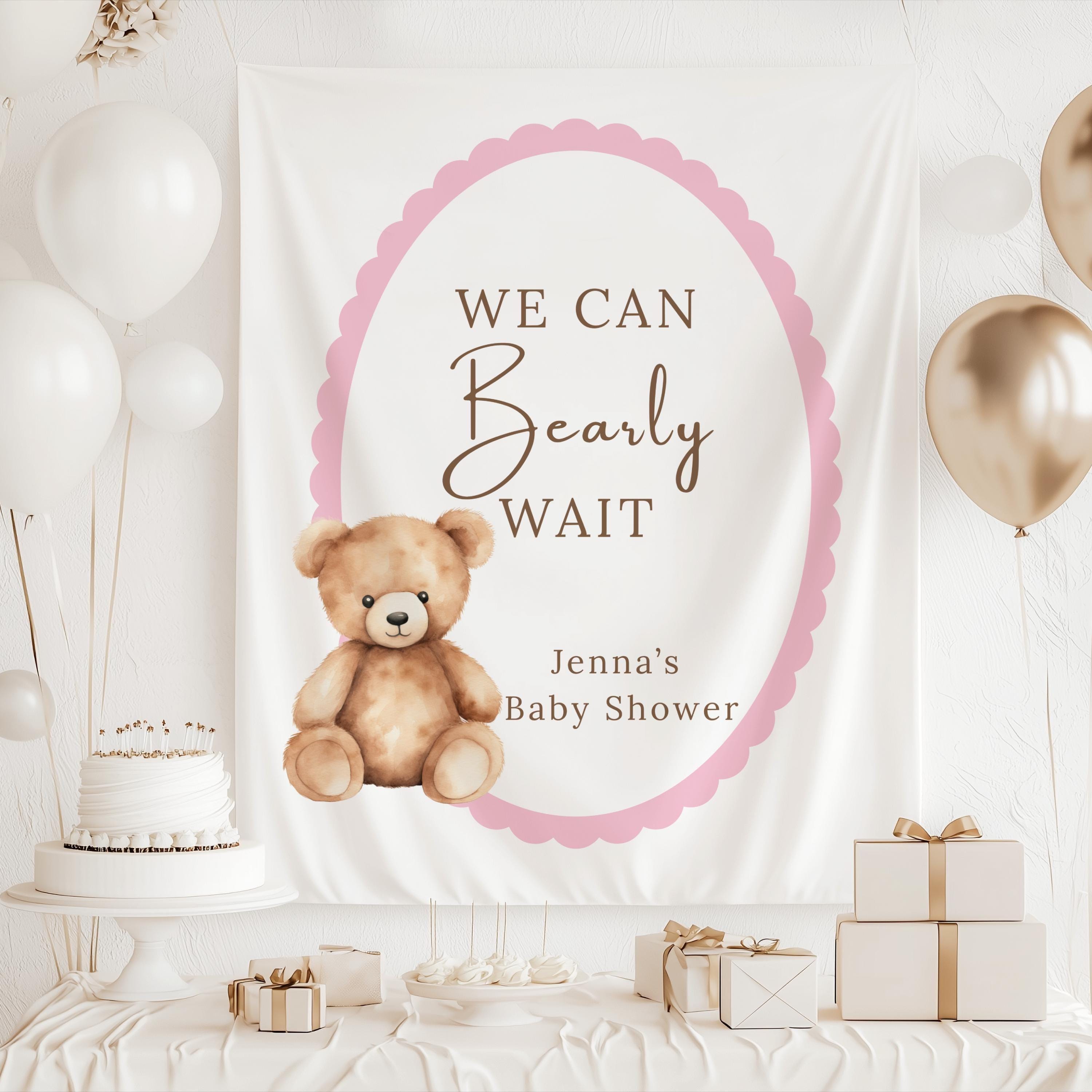 Personalized neutral baby shower banner with teddy bear artwork for a classic baby shower celebration
