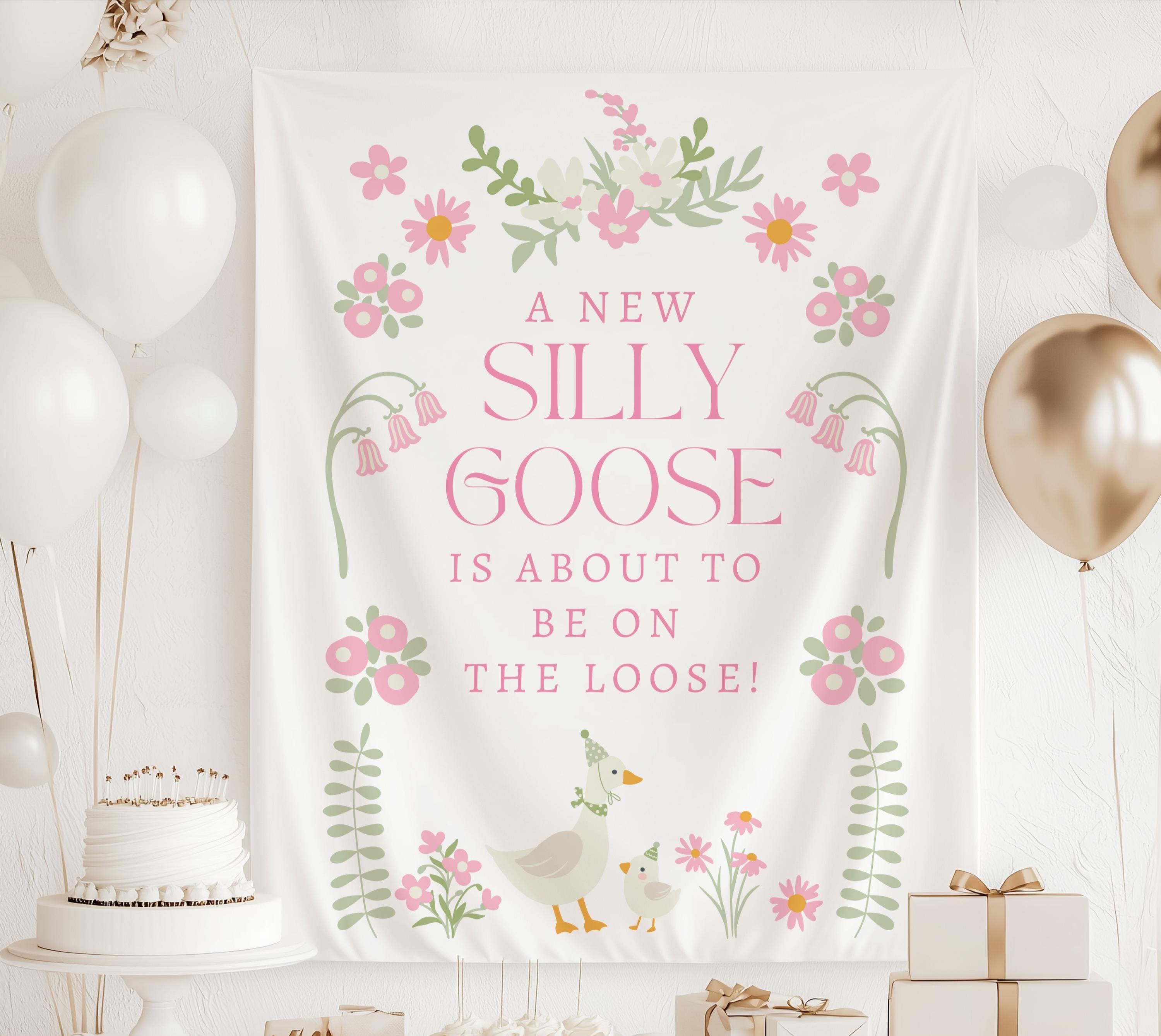 Custom Silly Goose baby shower banner featuring adorable goose family and wildflower artwork