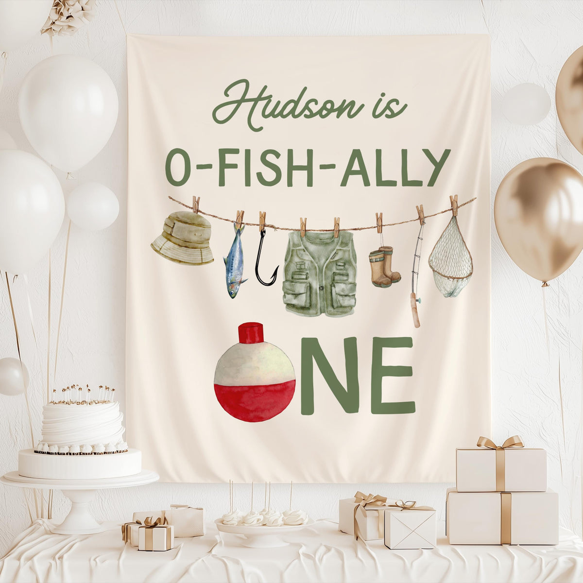 Custom O Fish Ally One birthday backdrop featuring fishing gear and personalized party details