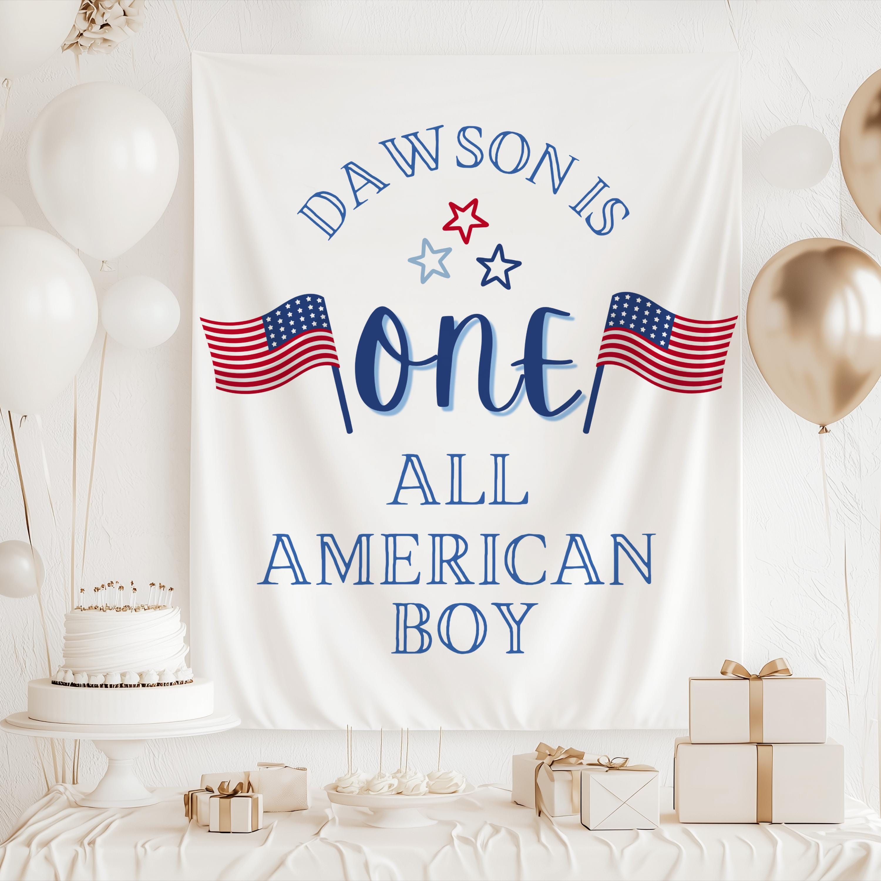 Custom patriotic first birthday backdrop personalized with child's name for an Americana birthday celebration