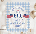 Personalized ONE All American Boy first birthday banner featuring American flags and patriotic gingham backdrop