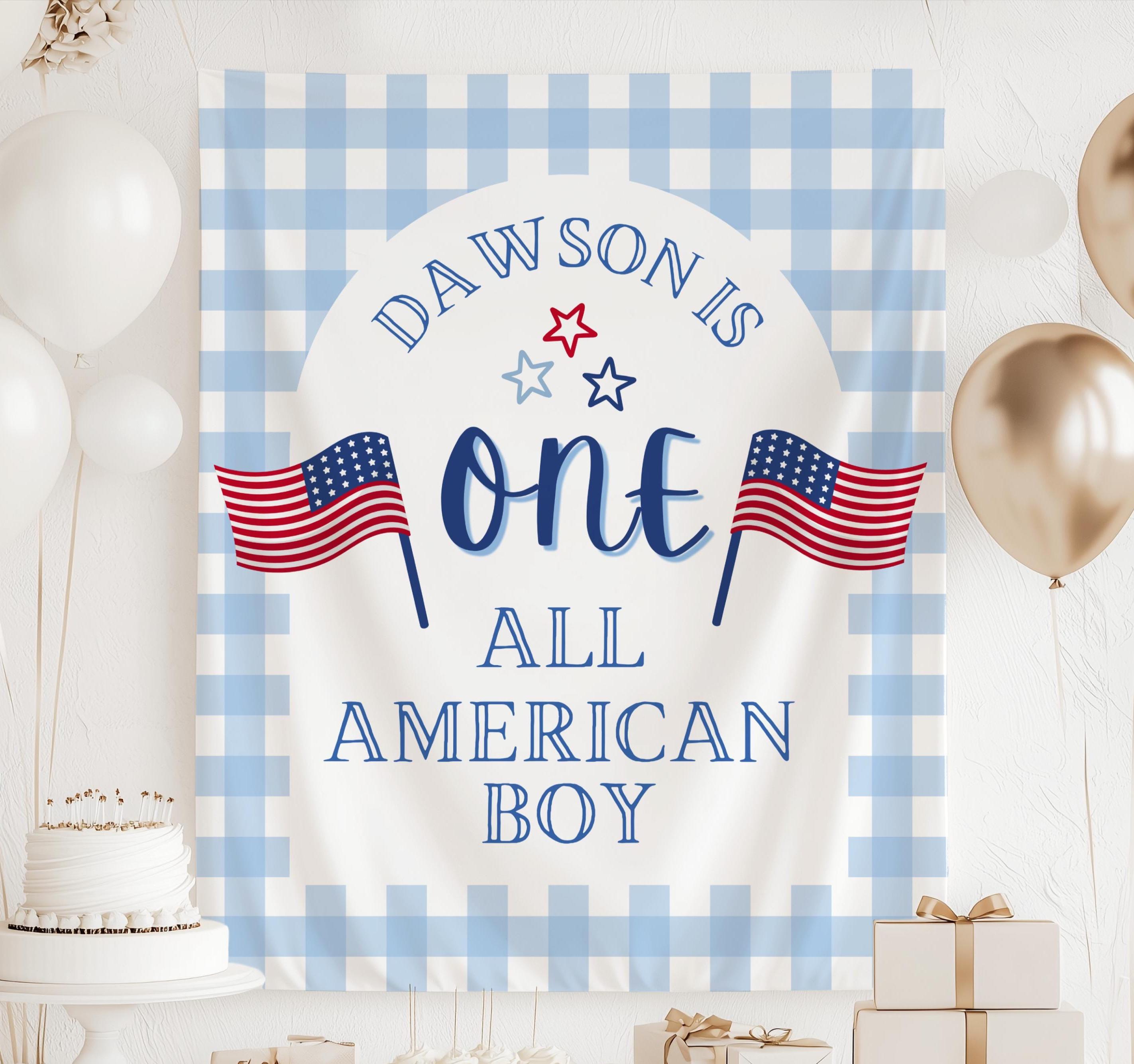 Personalized ONE All American Boy first birthday banner featuring American flags and patriotic gingham backdrop
