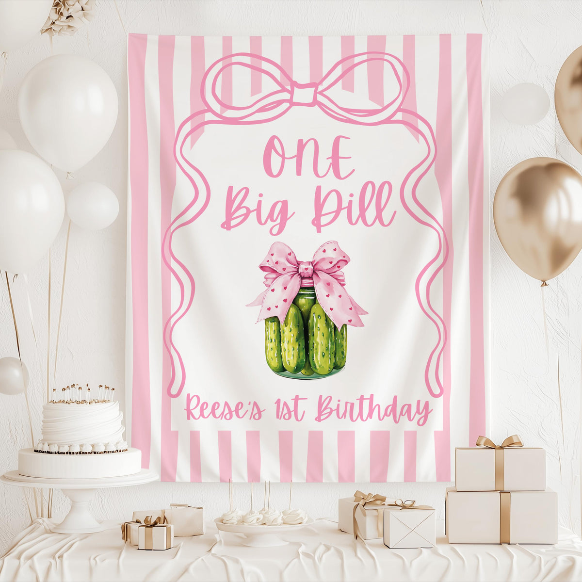 Personalized One Big Dill birthday party banner available in multiple colors and sizes