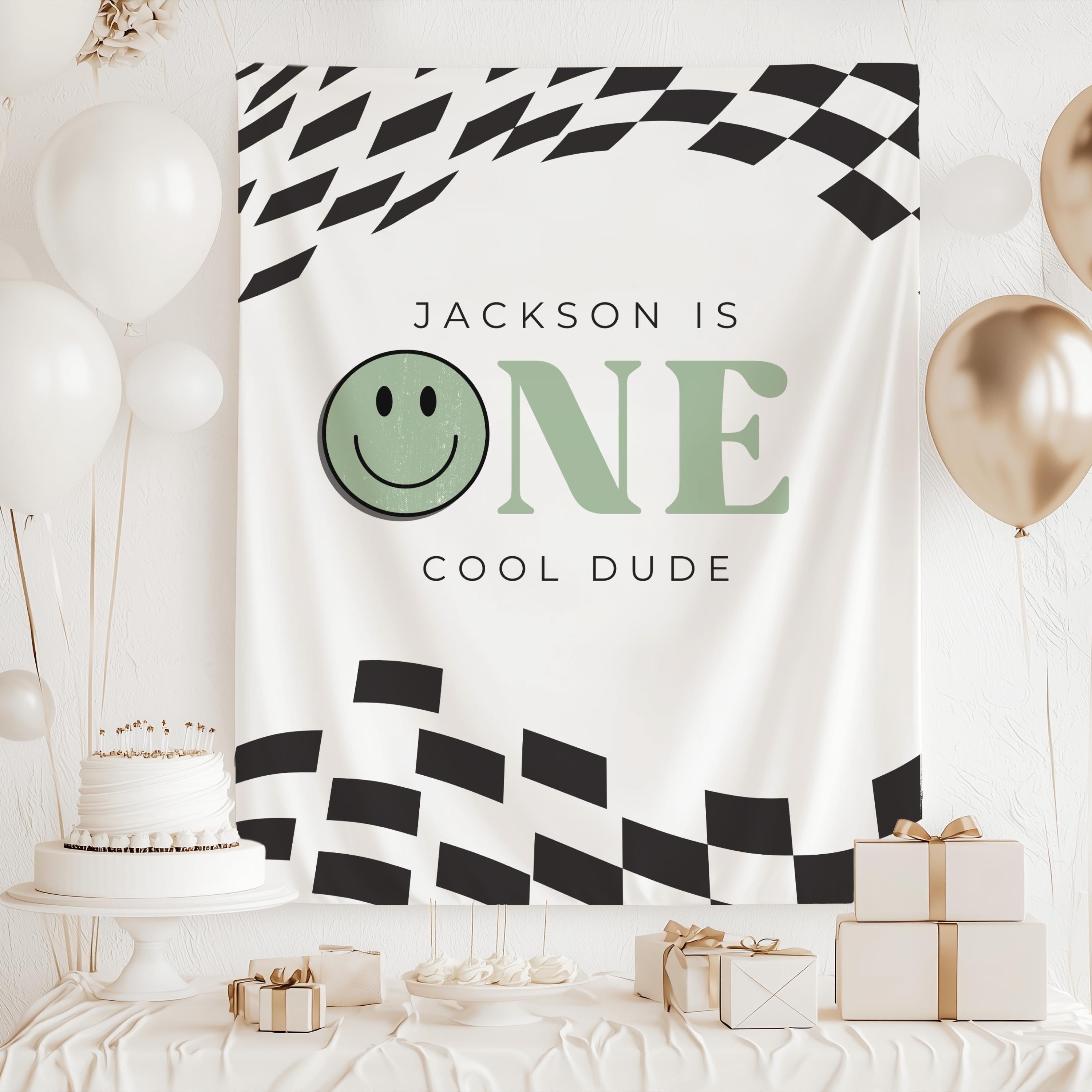 Custom One Cool Dude birthday backdrop for a personalized first birthday celebration
