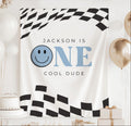 Personalized One Cool Dude first birthday banner with smiley face and checkered race flag design