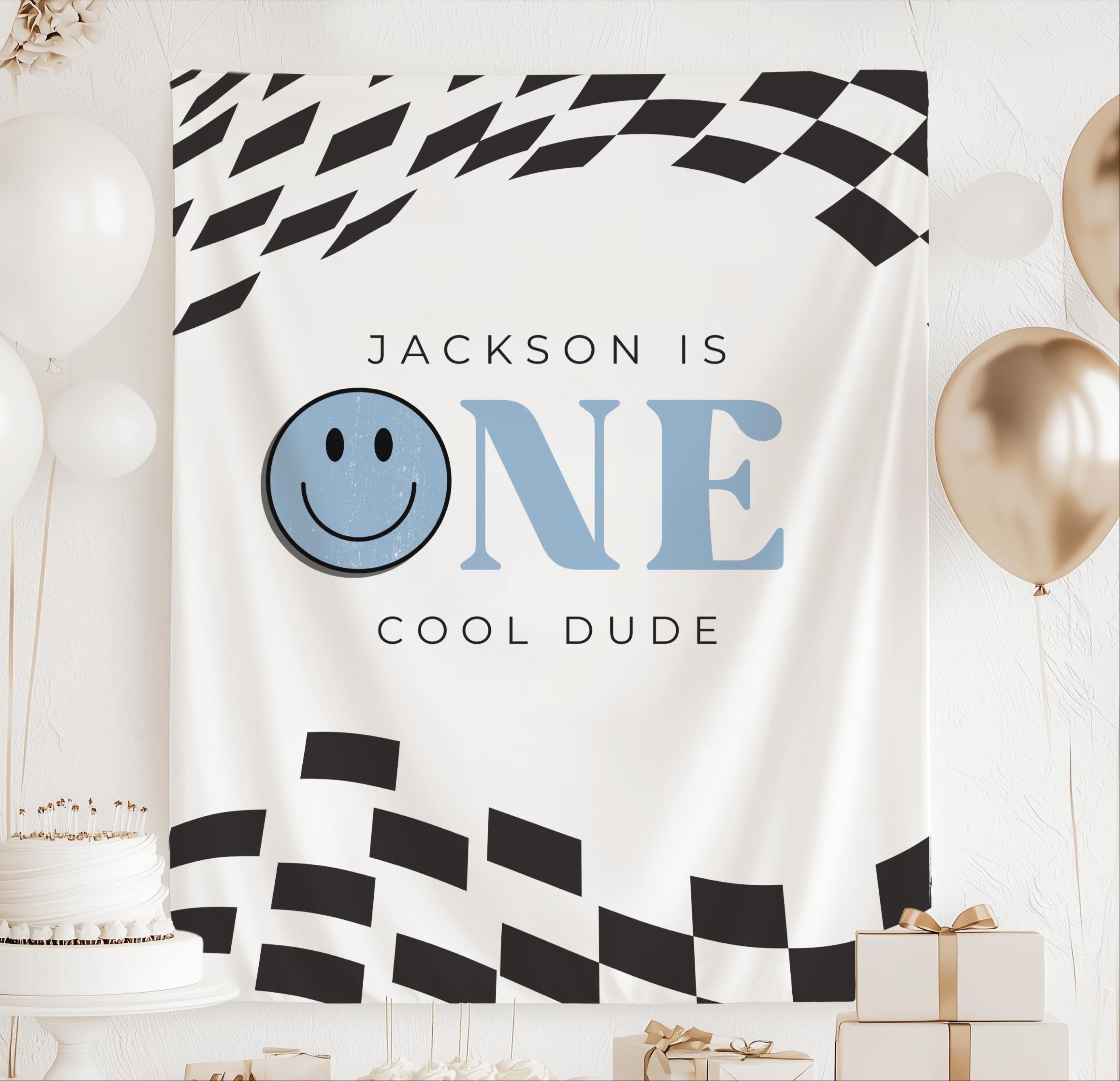Personalized One Cool Dude first birthday banner with smiley face and checkered race flag design