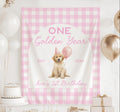 Personalized ONE Golden Year first birthday banner featuring a golden retriever puppy, pink gingham backdrop and custom birthday details.