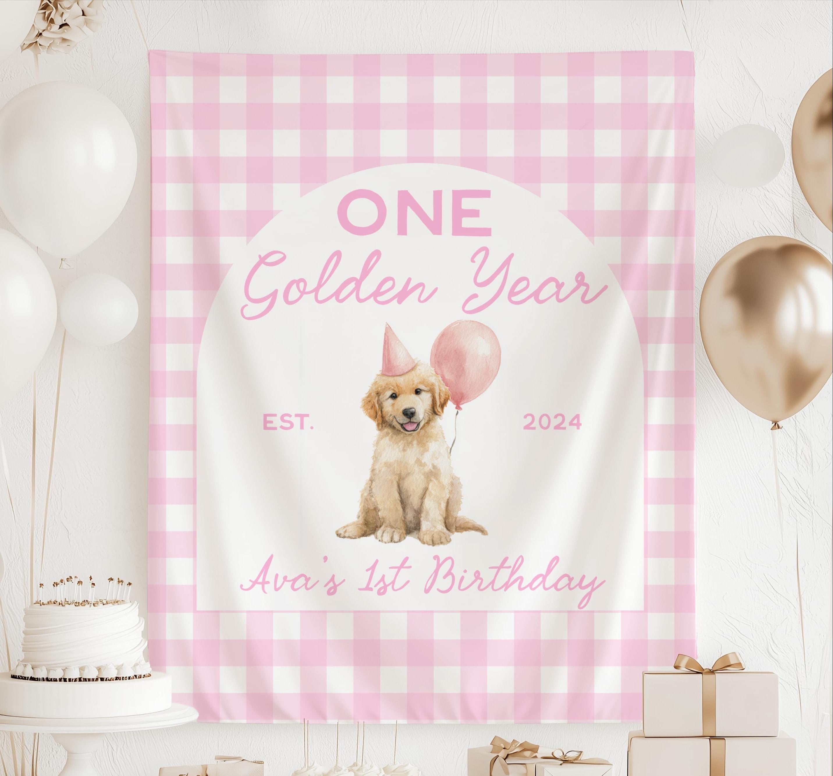 Personalized ONE Golden Year first birthday banner featuring a golden retriever puppy, pink gingham backdrop and custom birthday details.