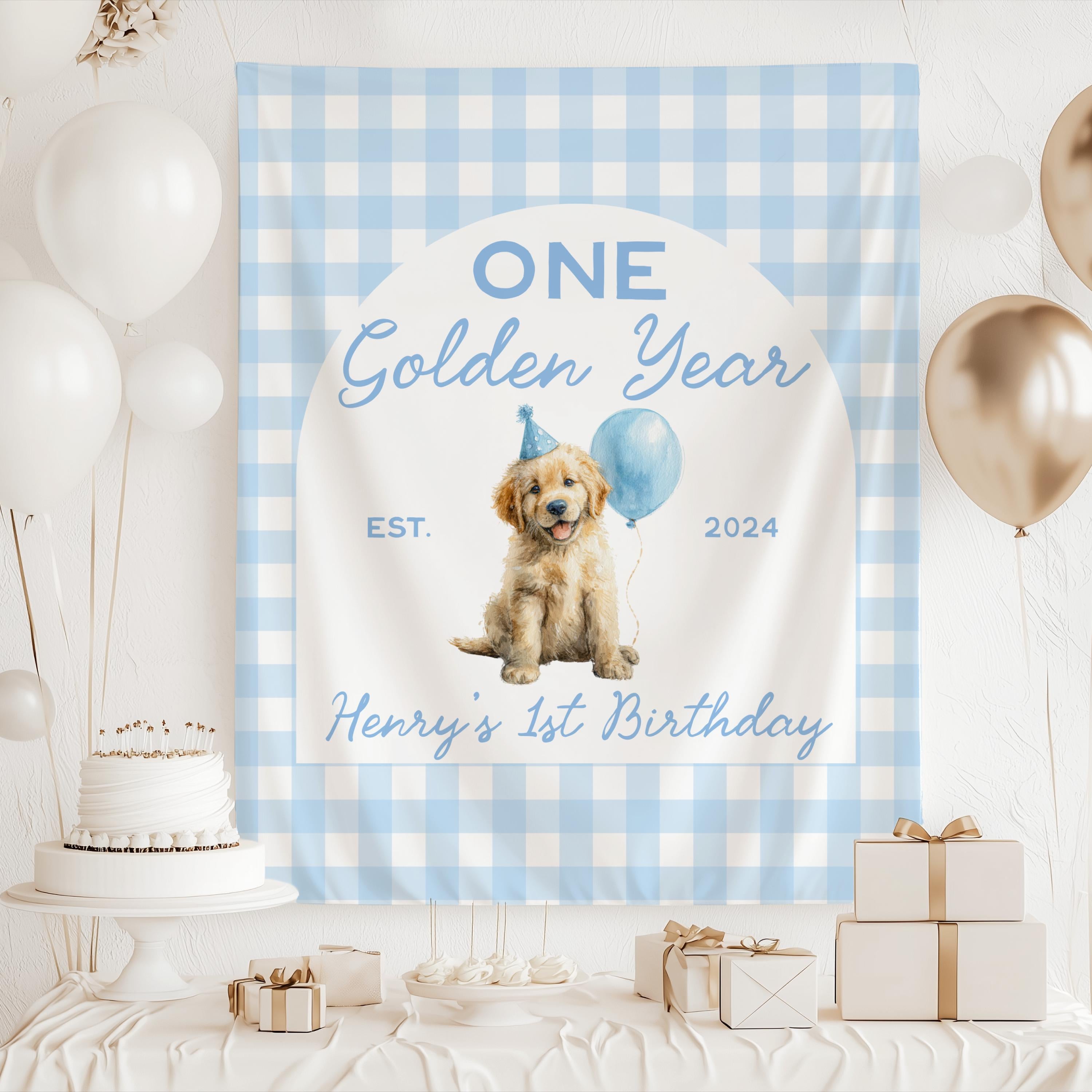 Golden retriever first birthday banner personalized with child's name, birth year and adorable puppy themed party decorations.