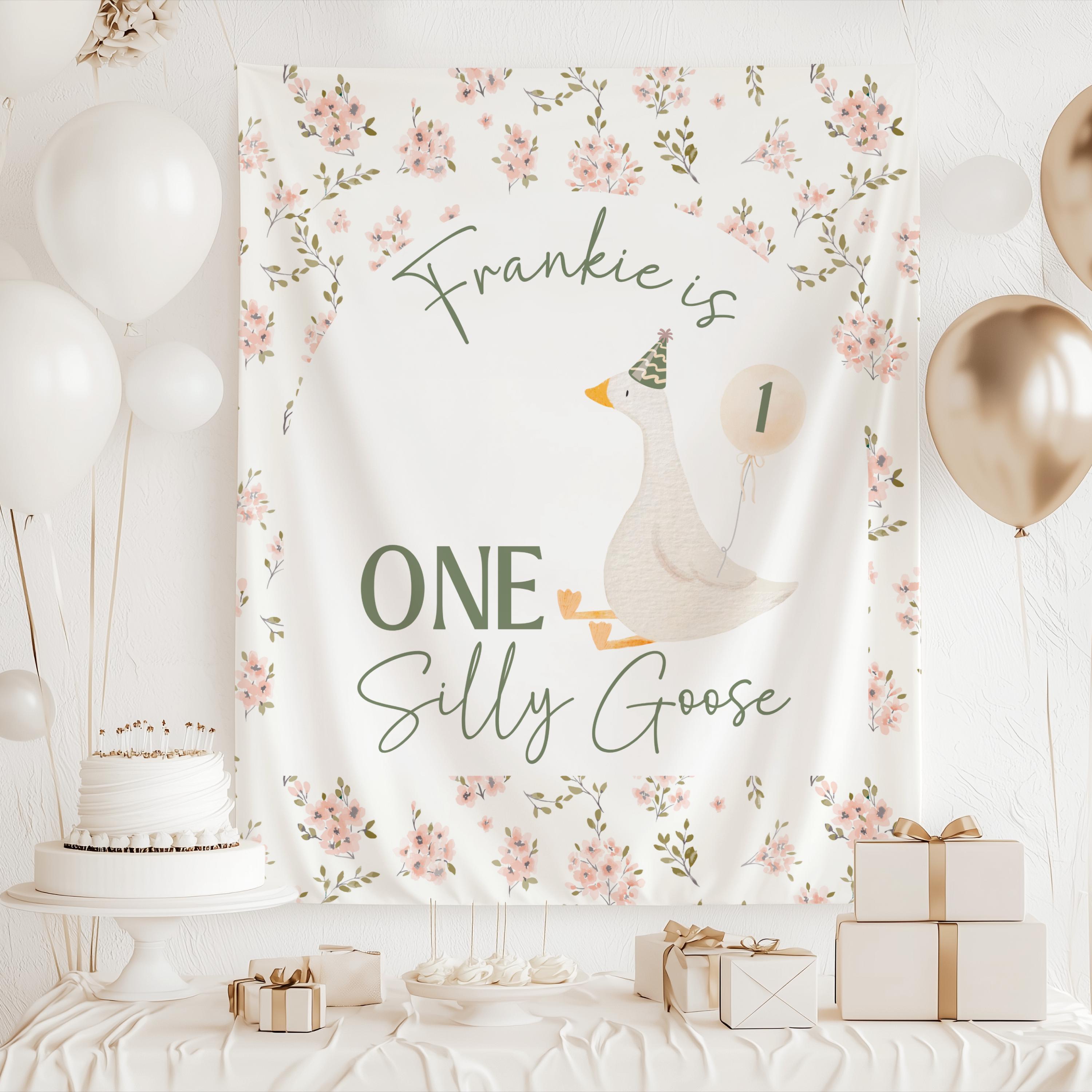 One Silly Goose birthday backdrop personalized with a child's name for a first birthday celebration