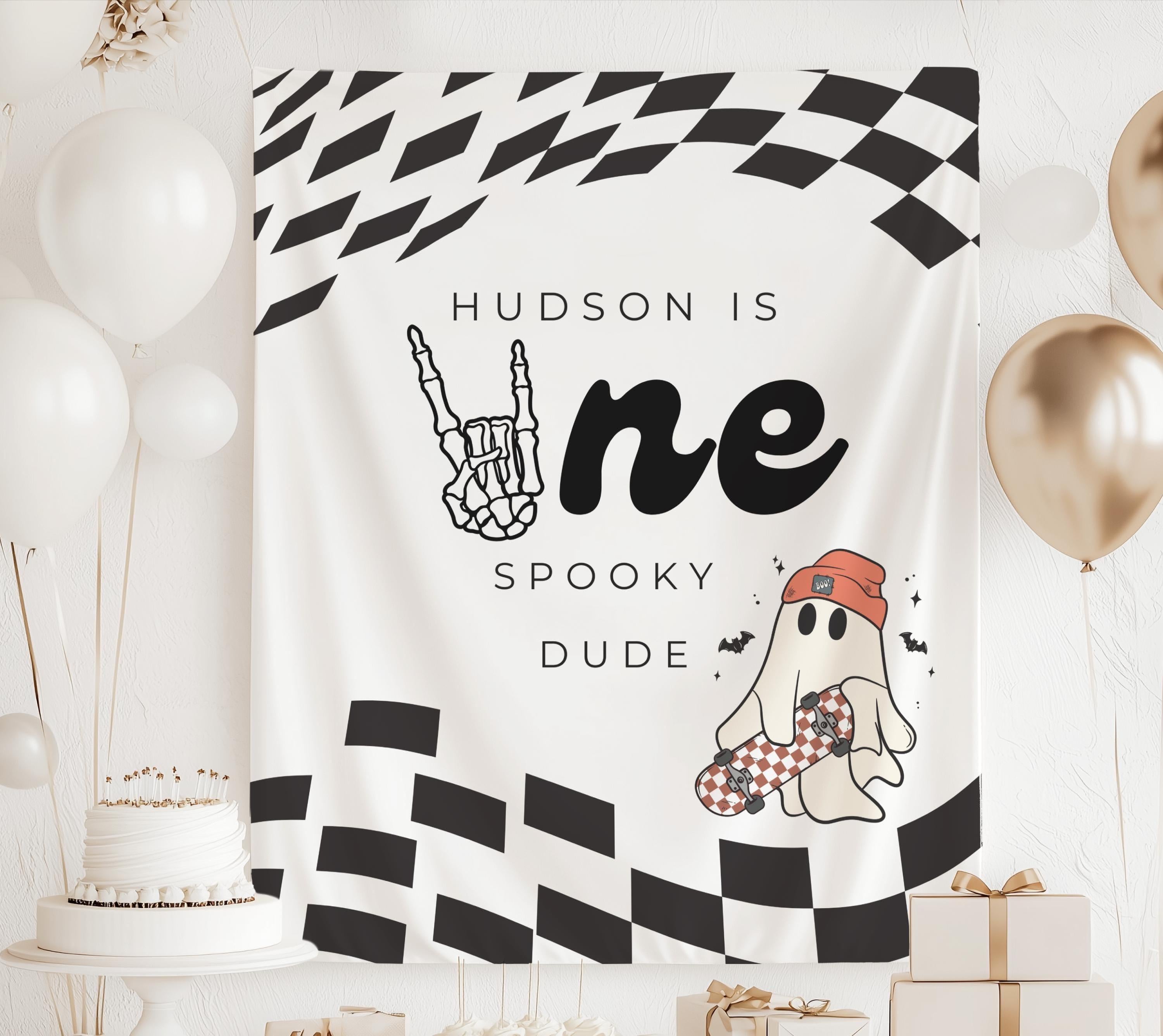 Personalized One Spooky Dude birthday banner with custom name for a Halloween themed first birthday