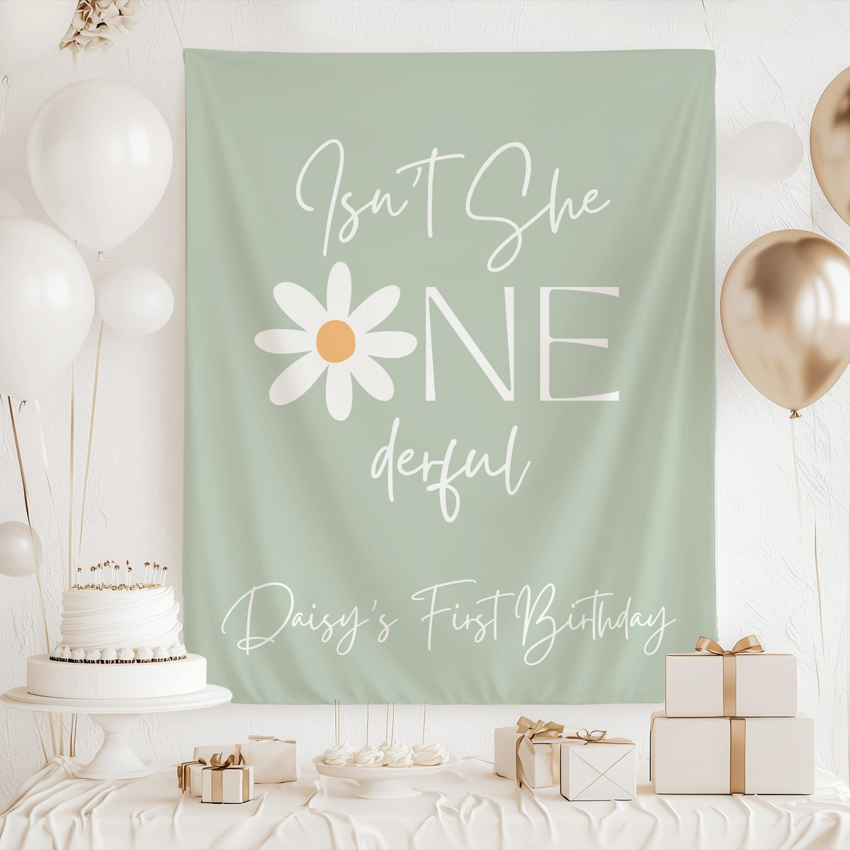Personalized Isn't She ONEderful birthday party banner available in multiple colors and sizes