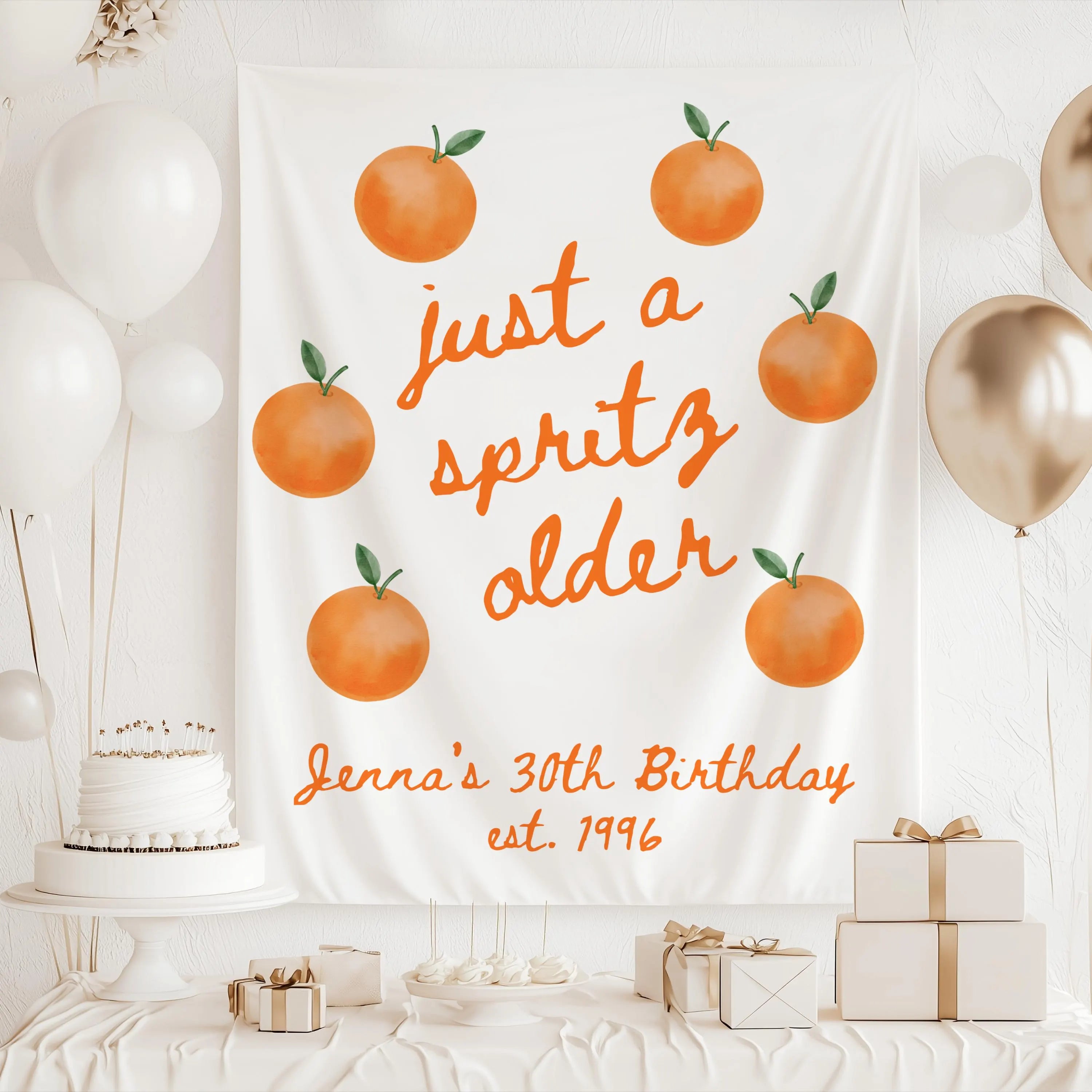 Orange themed birthday party decorations banner personalized with custom name and available in multiple colors