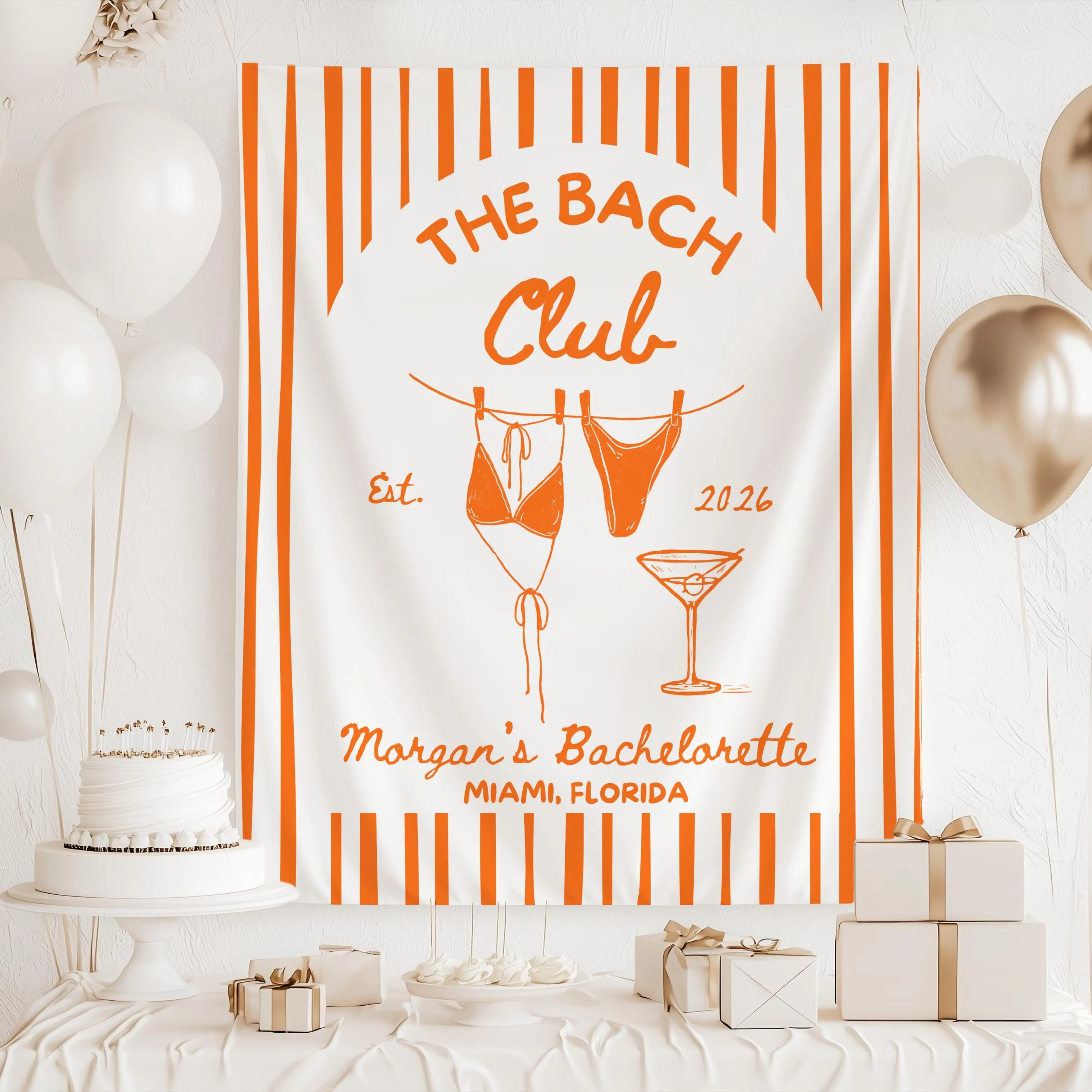 Bikini and martini bachelorette banner perfect for coastal girls trips and bridal weekends.
