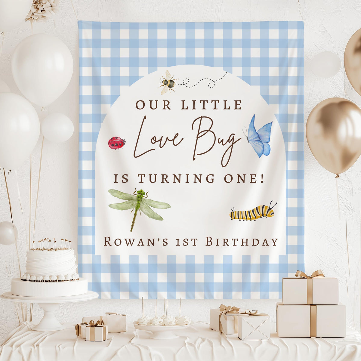 Custom Our Little Love Bug birthday backdrop featuring butterflies bees dragonfly ladybug and caterpillar