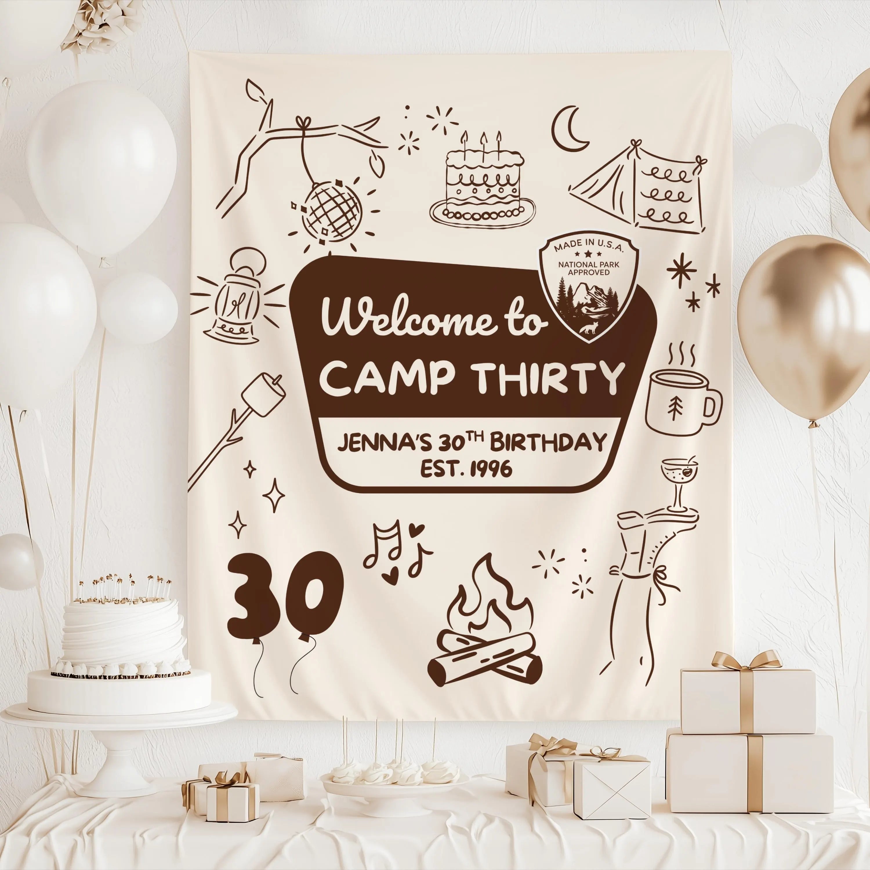 Camp Thirty birthday tapestry displayed as outdoor inspired party decor with campfire, lantern, tent, and camping illustrations.