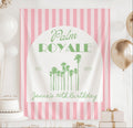 Personalized Palm Royale birthday banner with pink striped background and green palm trees for a tropical birthday party