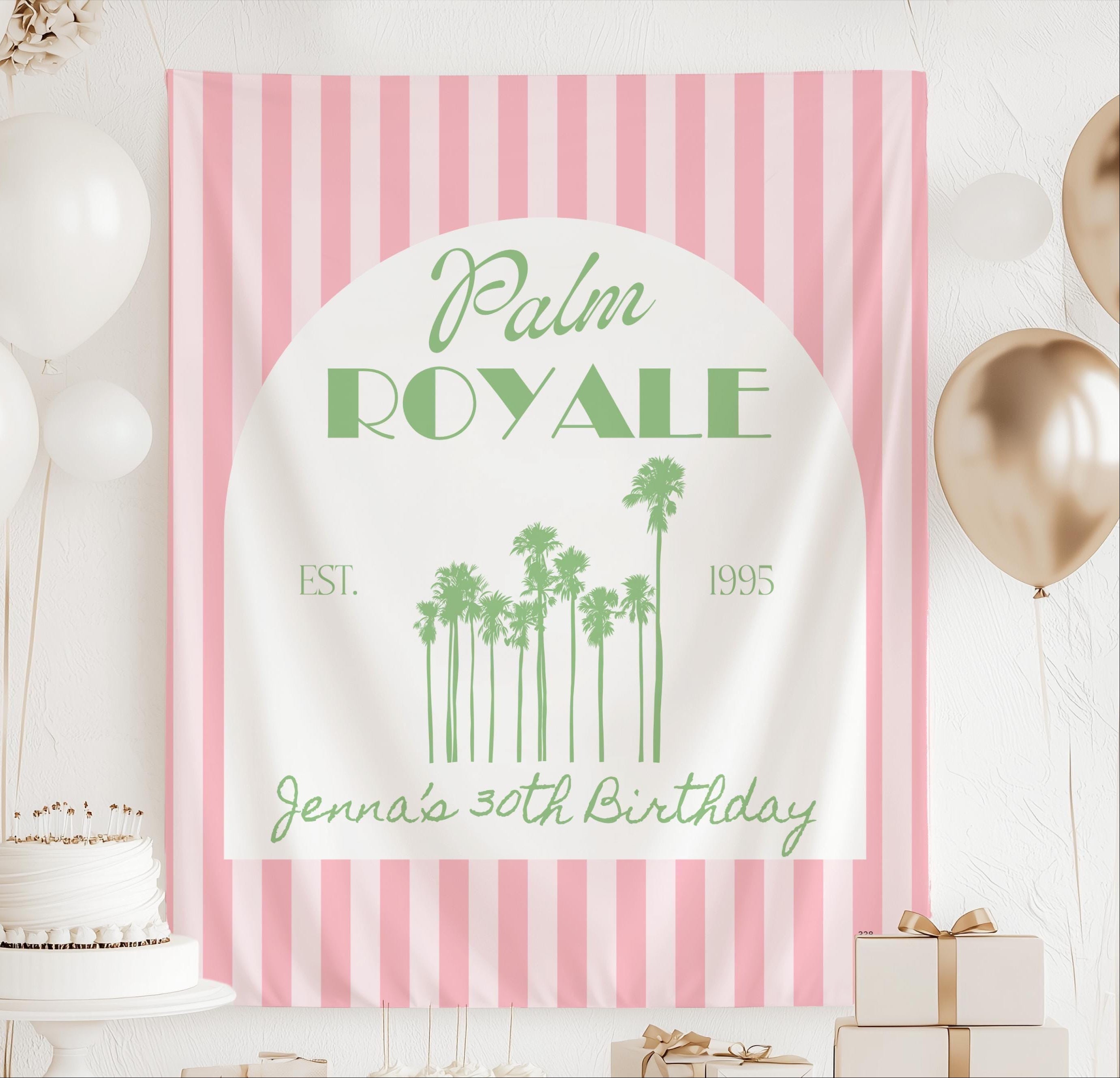 Personalized Palm Royale birthday banner with pink striped background and green palm trees for a tropical birthday party