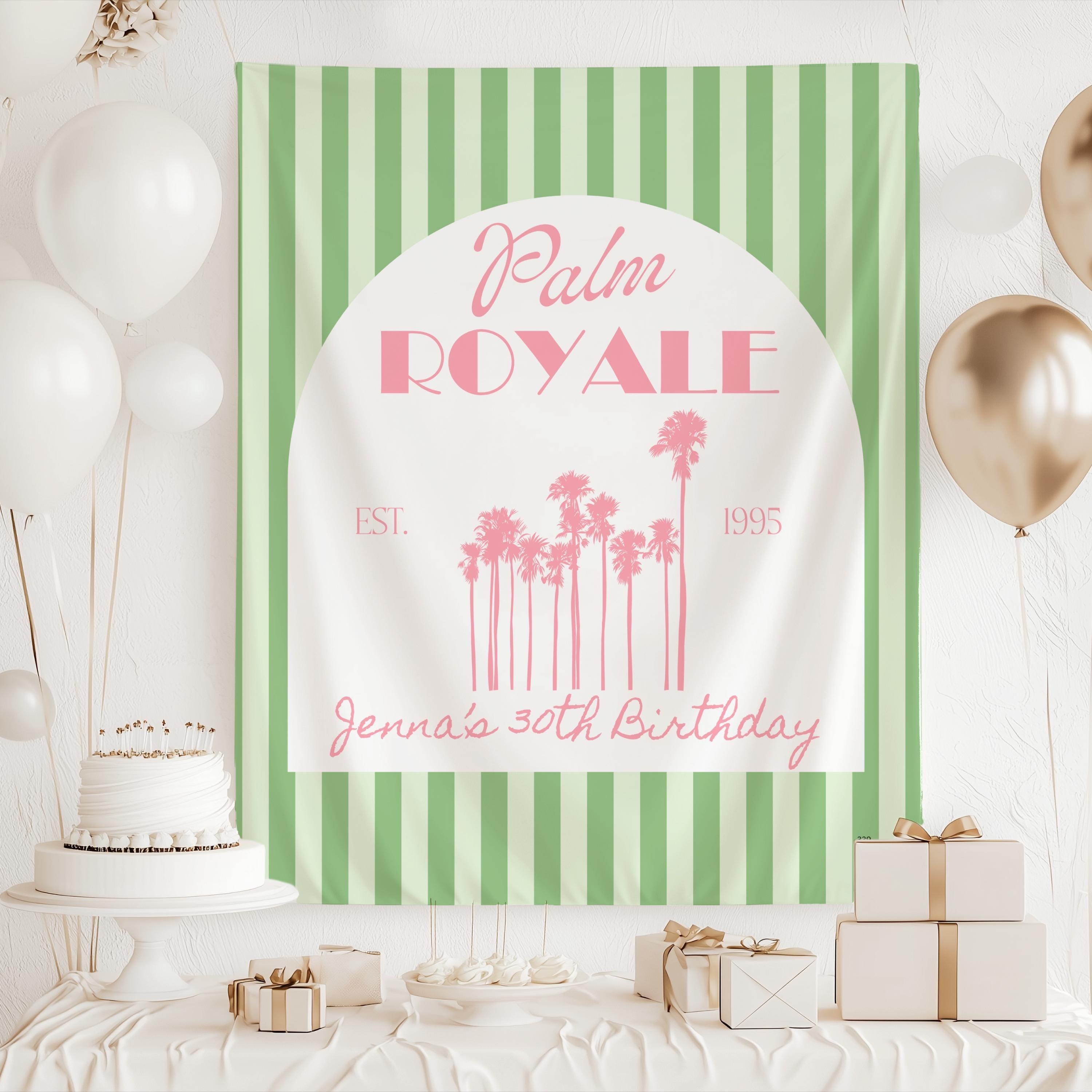 Custom Palm Royale birthday backdrop with personalized name and age for a milestone birthday celebration
