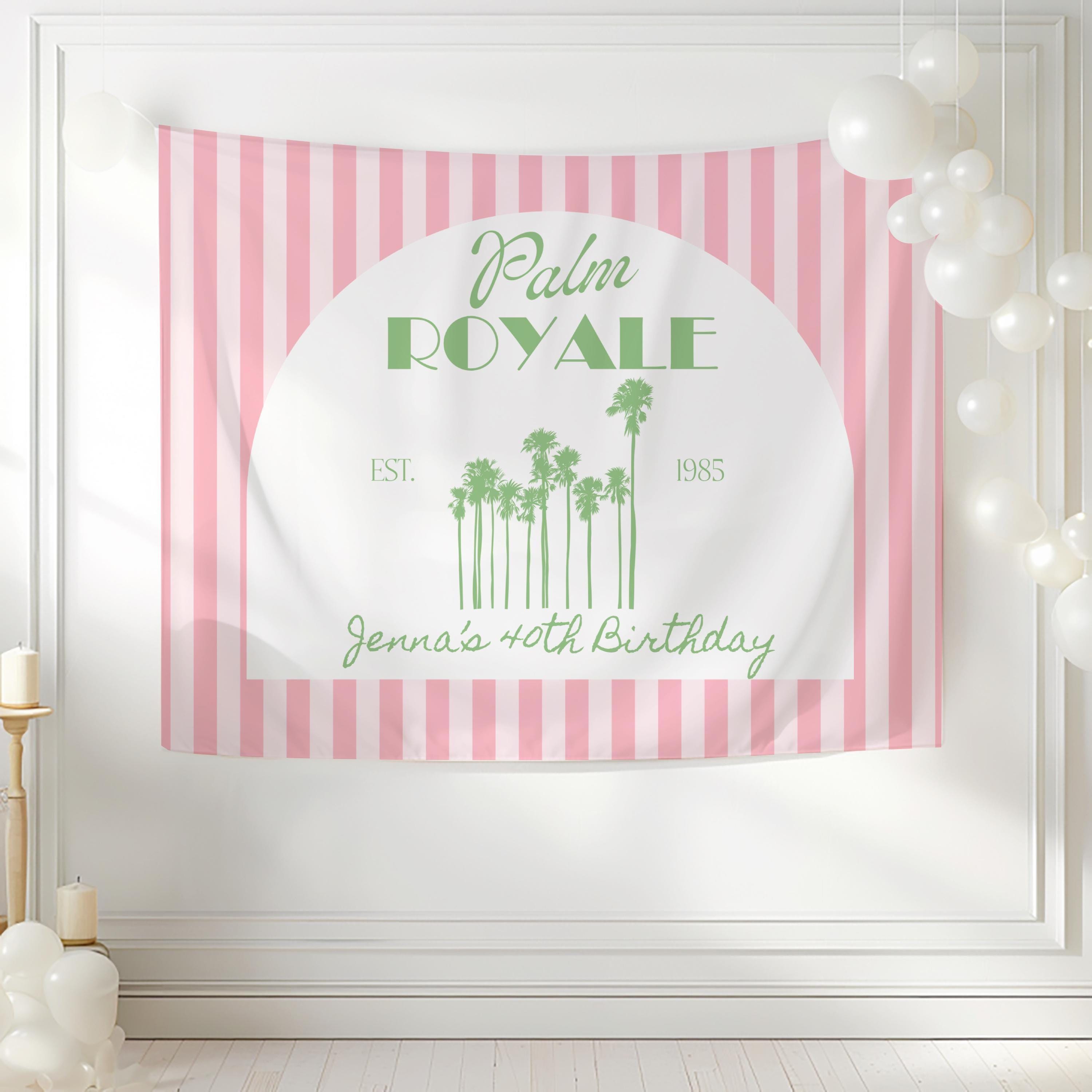 Palm Royale themed birthday banner for women with custom text and tropical palm tree artwork
