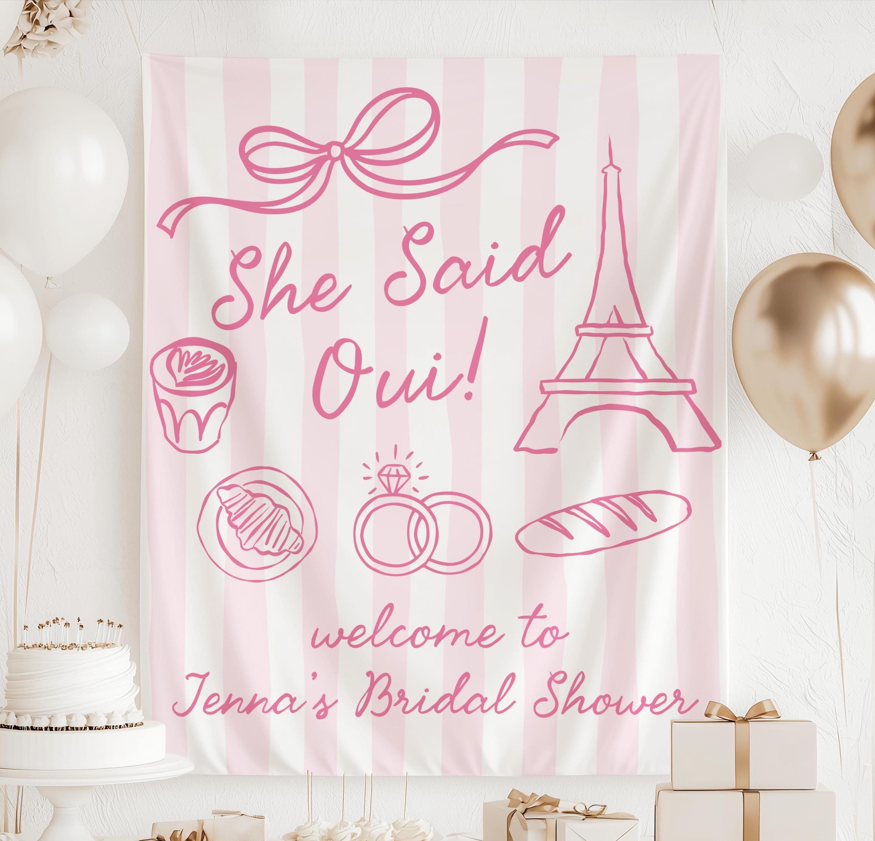 Paris bridal shower backdrop feature French themed doodles