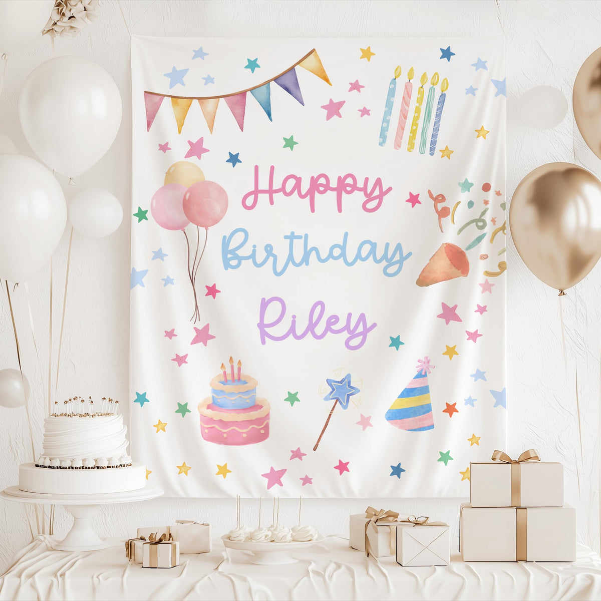 Personalized pastel birthday party banner available in multiple colors and sizes