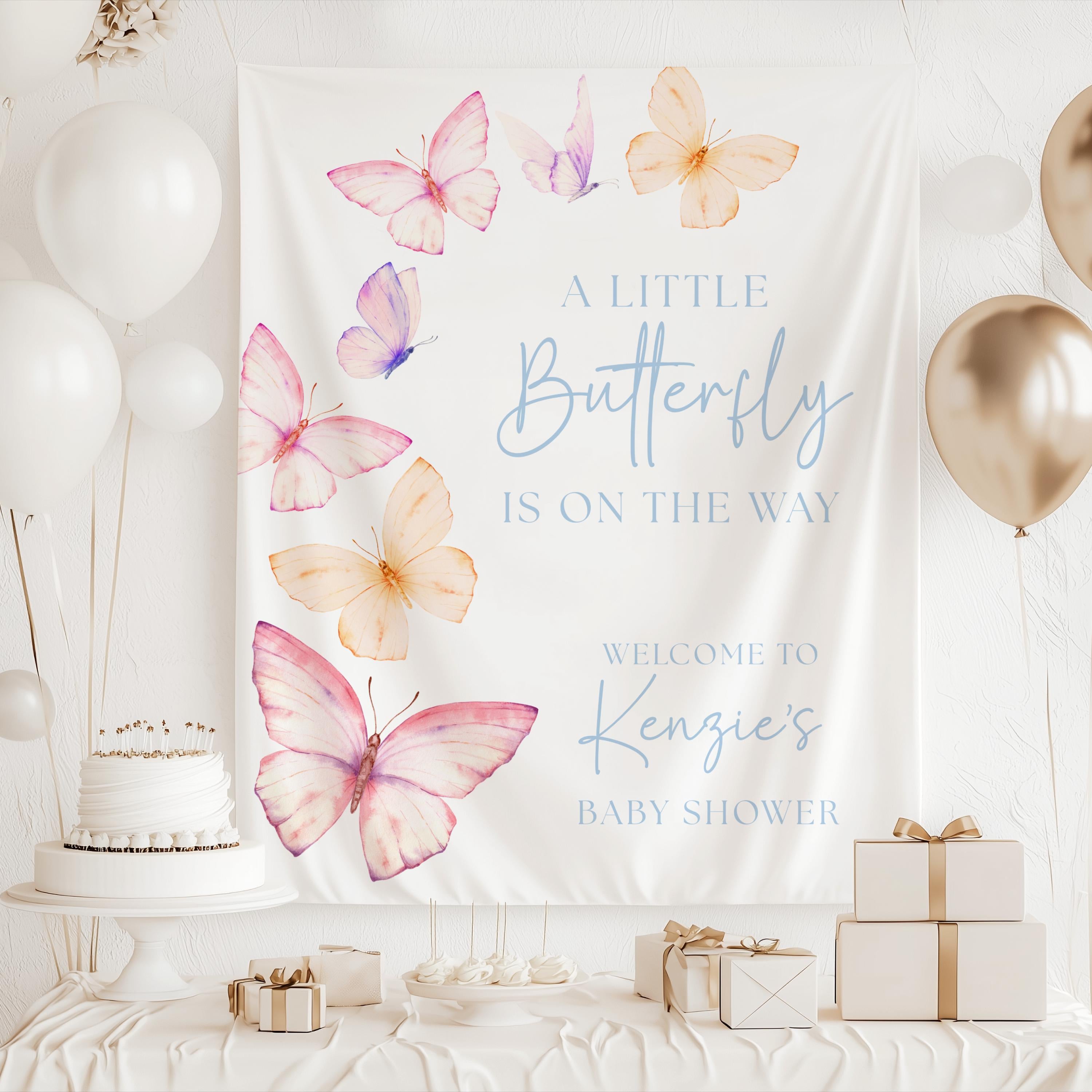 Personalized pastel butterfly baby shower banner for a girl baby shower celebration