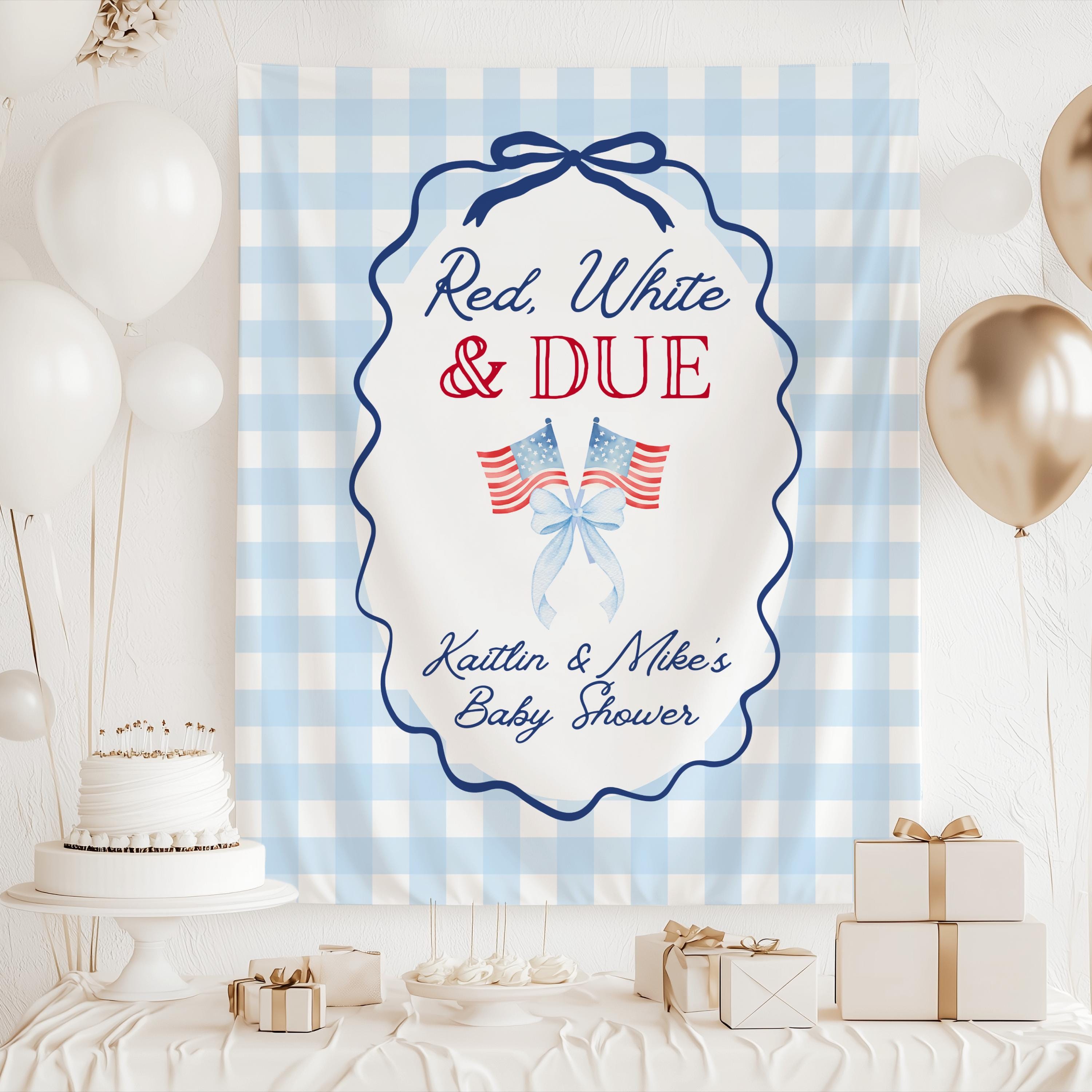 Personalized patriotic baby shower banner with red white and blue theme for baby celebration