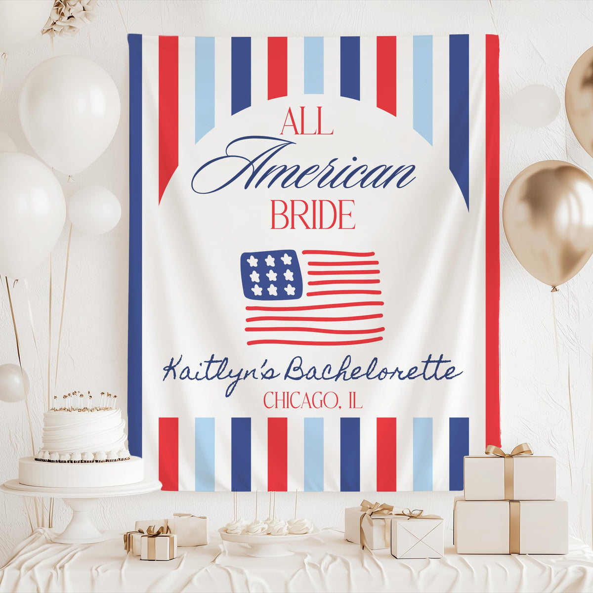 Patriotic bachelorette banner with American flag artwork and striped design available in multiple colors