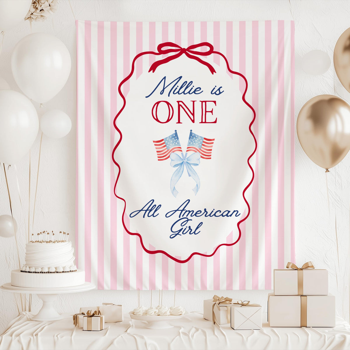 Custom patriotic birthday backdrop for cake table decorations and birthday party photos