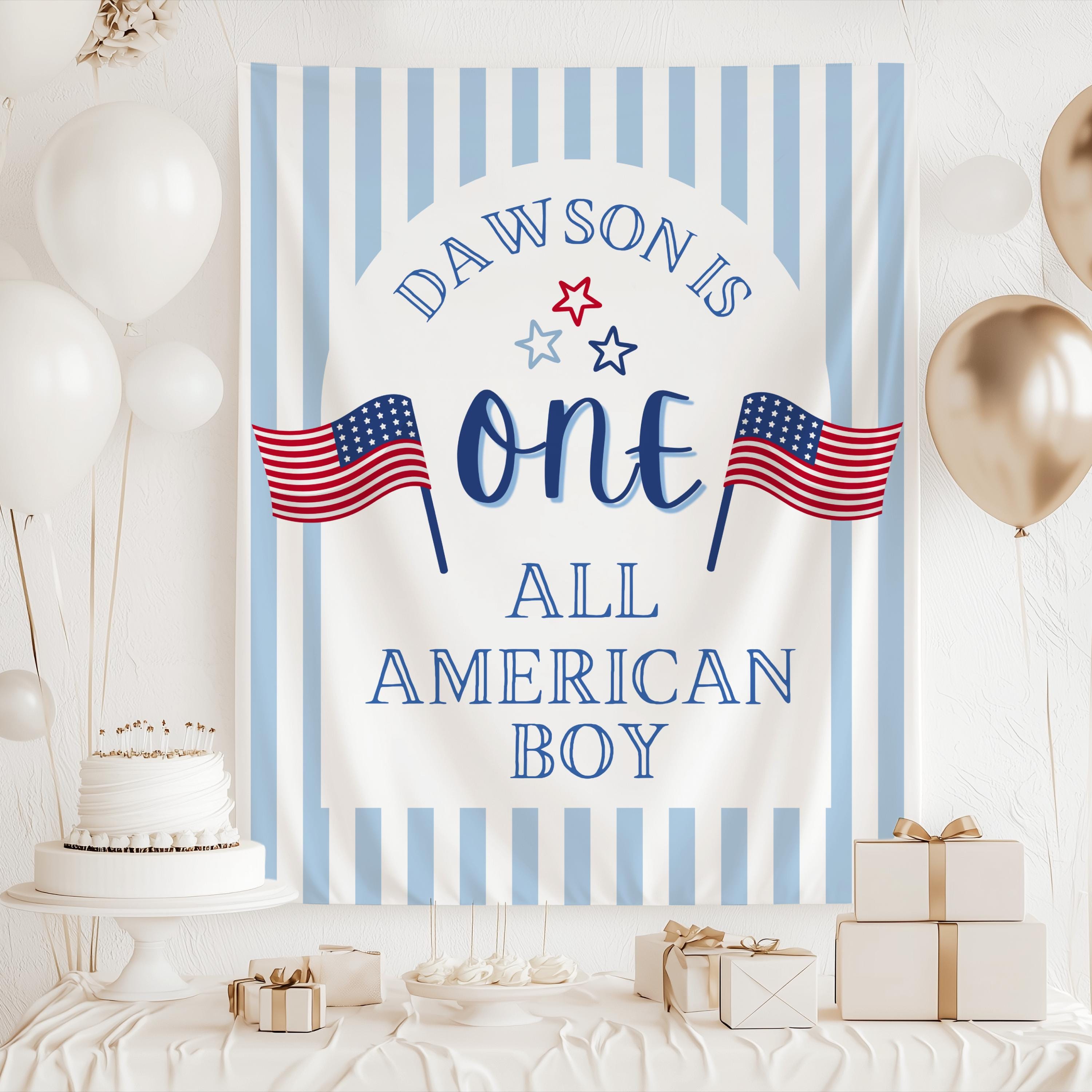 American Themed first birthday banner with American flags and red white blue design available in multiple colors