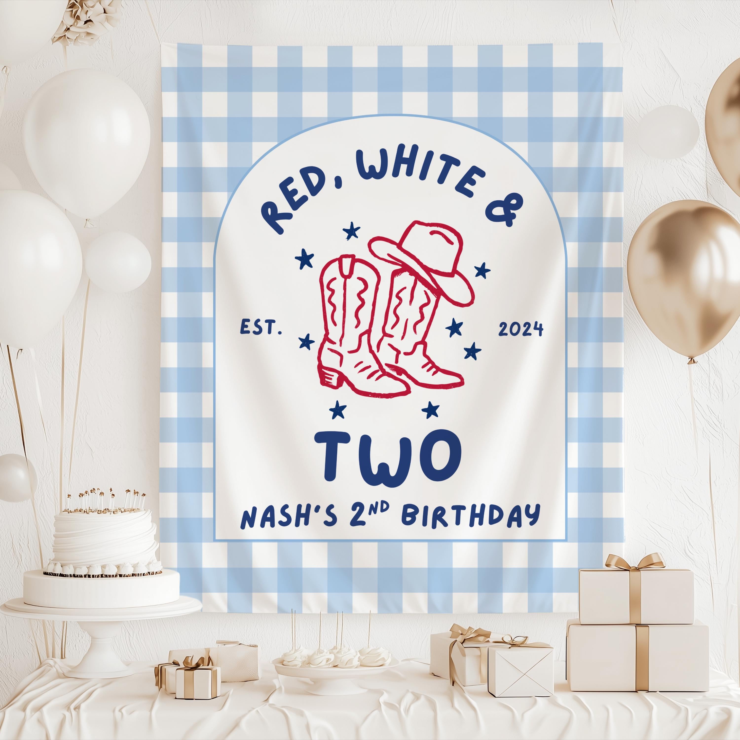 Patriotic second birthday banner featuring western cowboy theme with red white and blue design