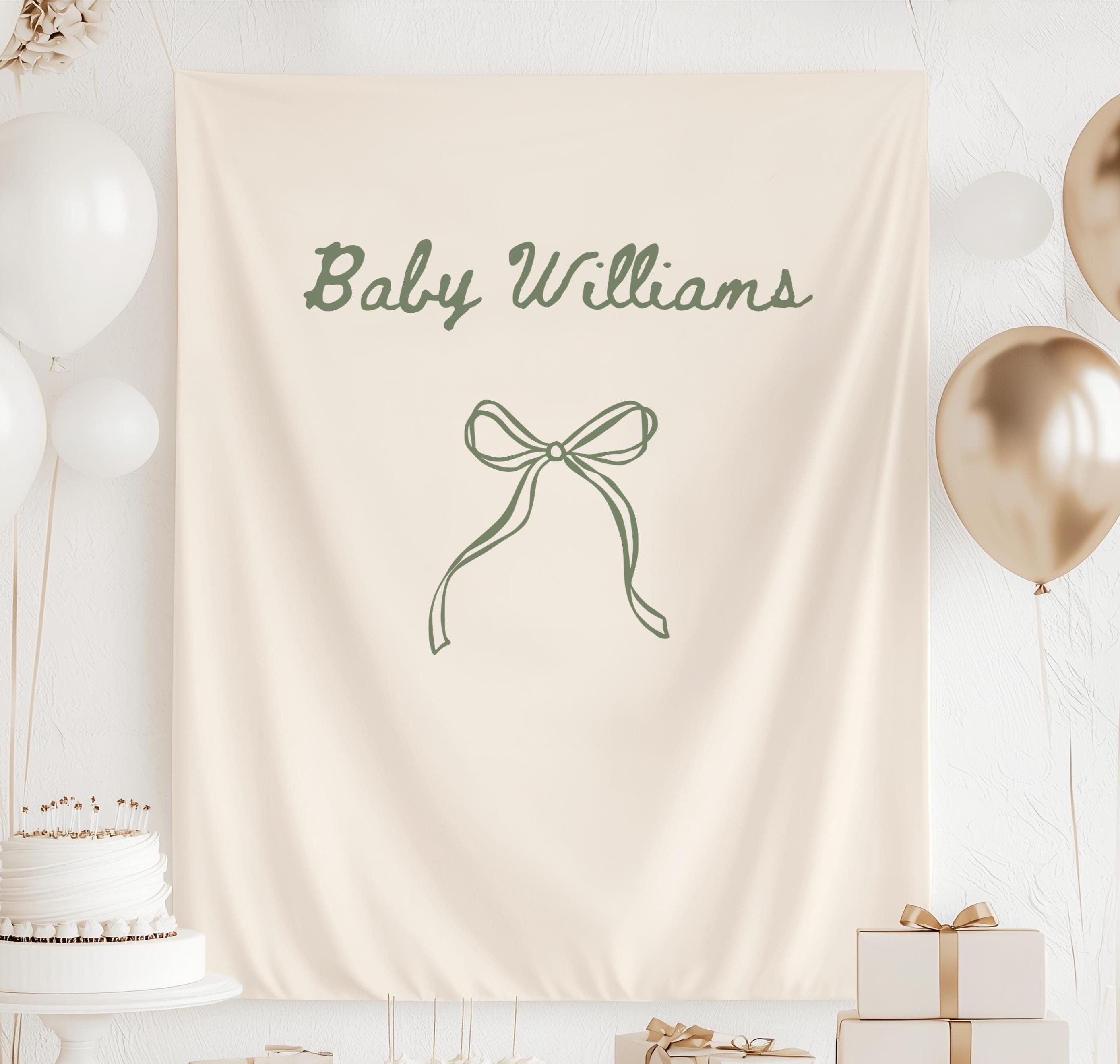 Personalized minimalist baby shower banner featuring custom baby name and elegant bow illustration for modern baby shower decorations