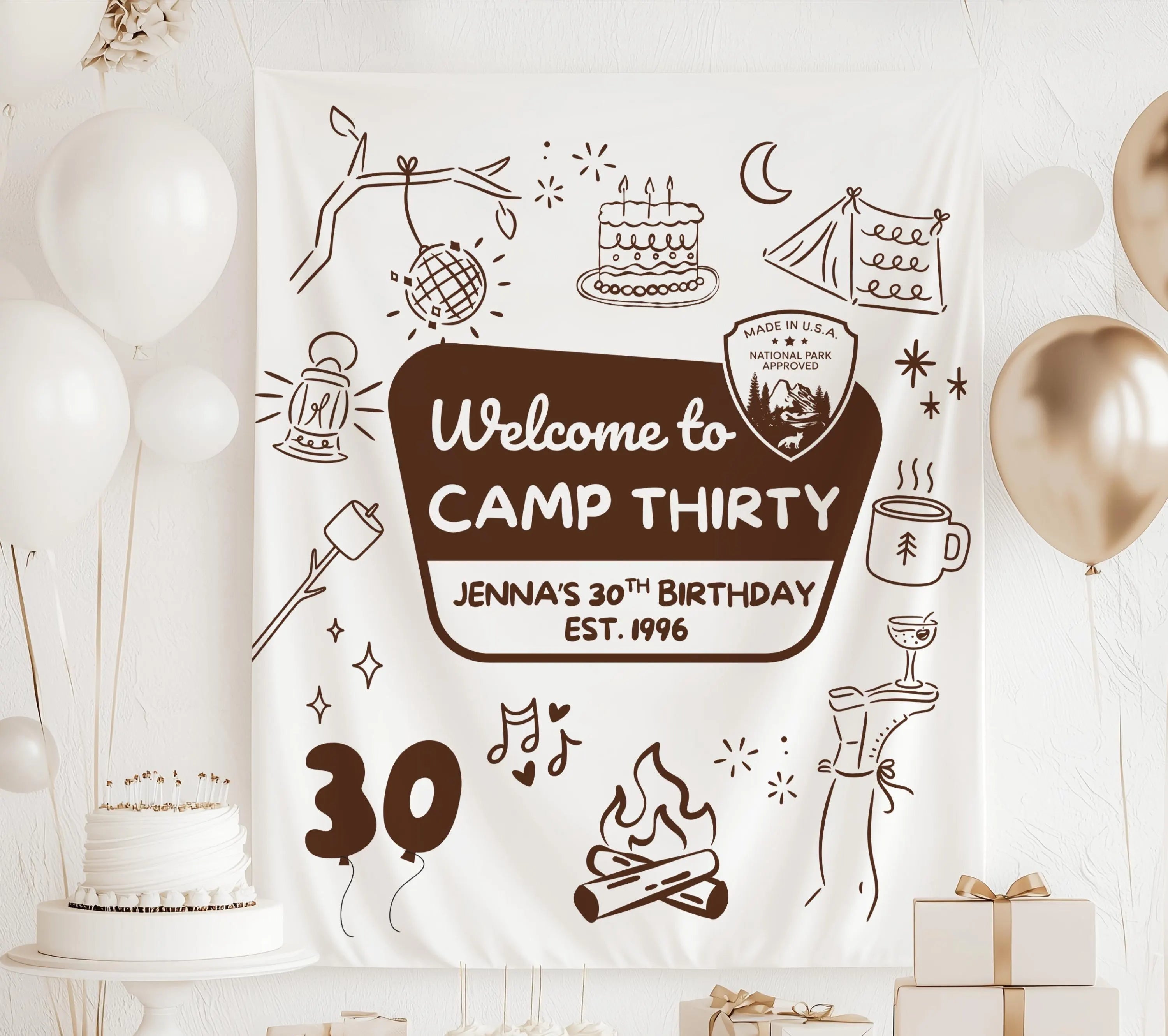 Custom camping themed 30th birthday banner perfect for cabin parties, glamping weekends, and outdoor birthday celebrations.