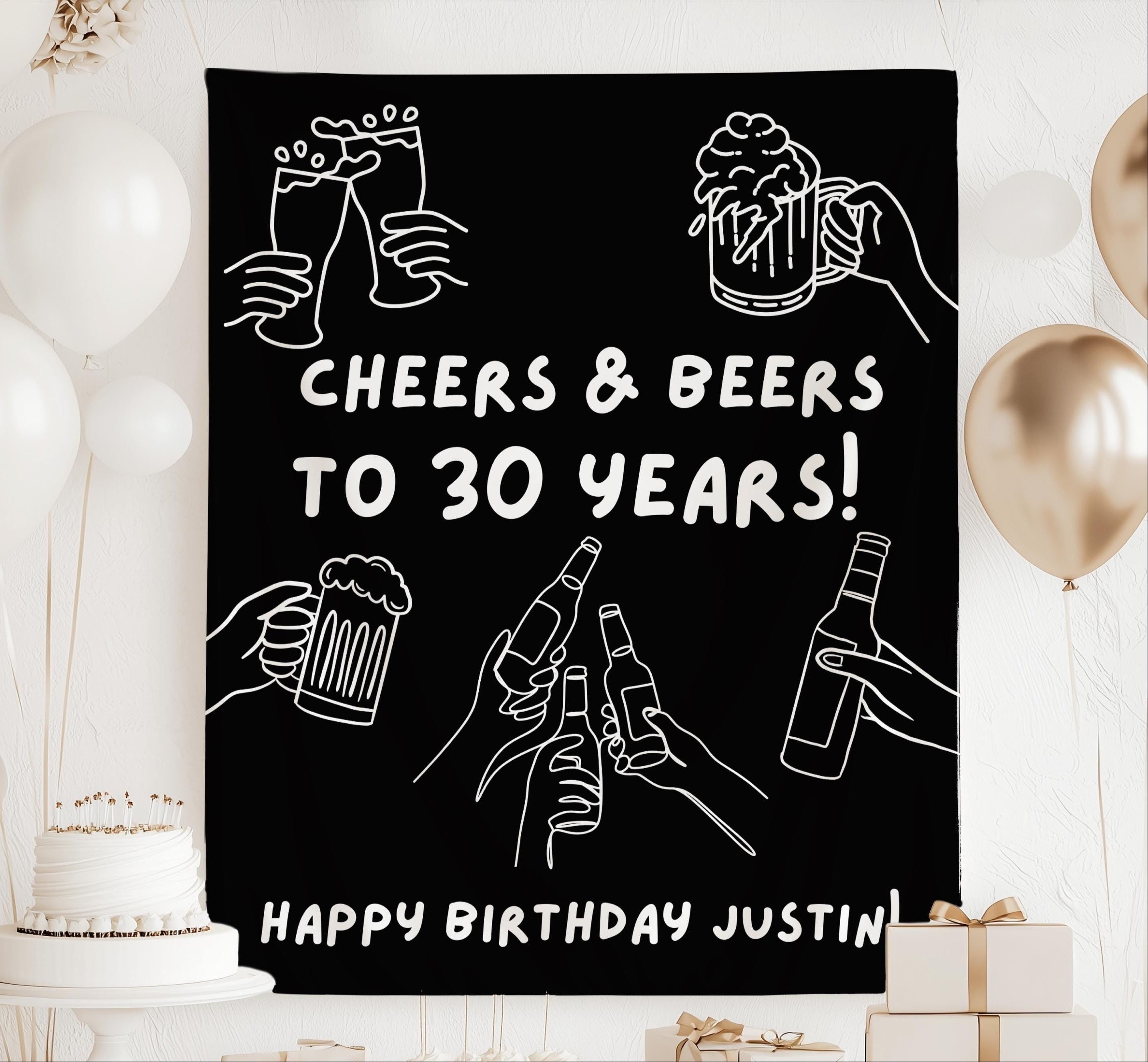 Personalized Cheers and Beers birthday banner customized with any age and name for a beer themed 30th birthday party