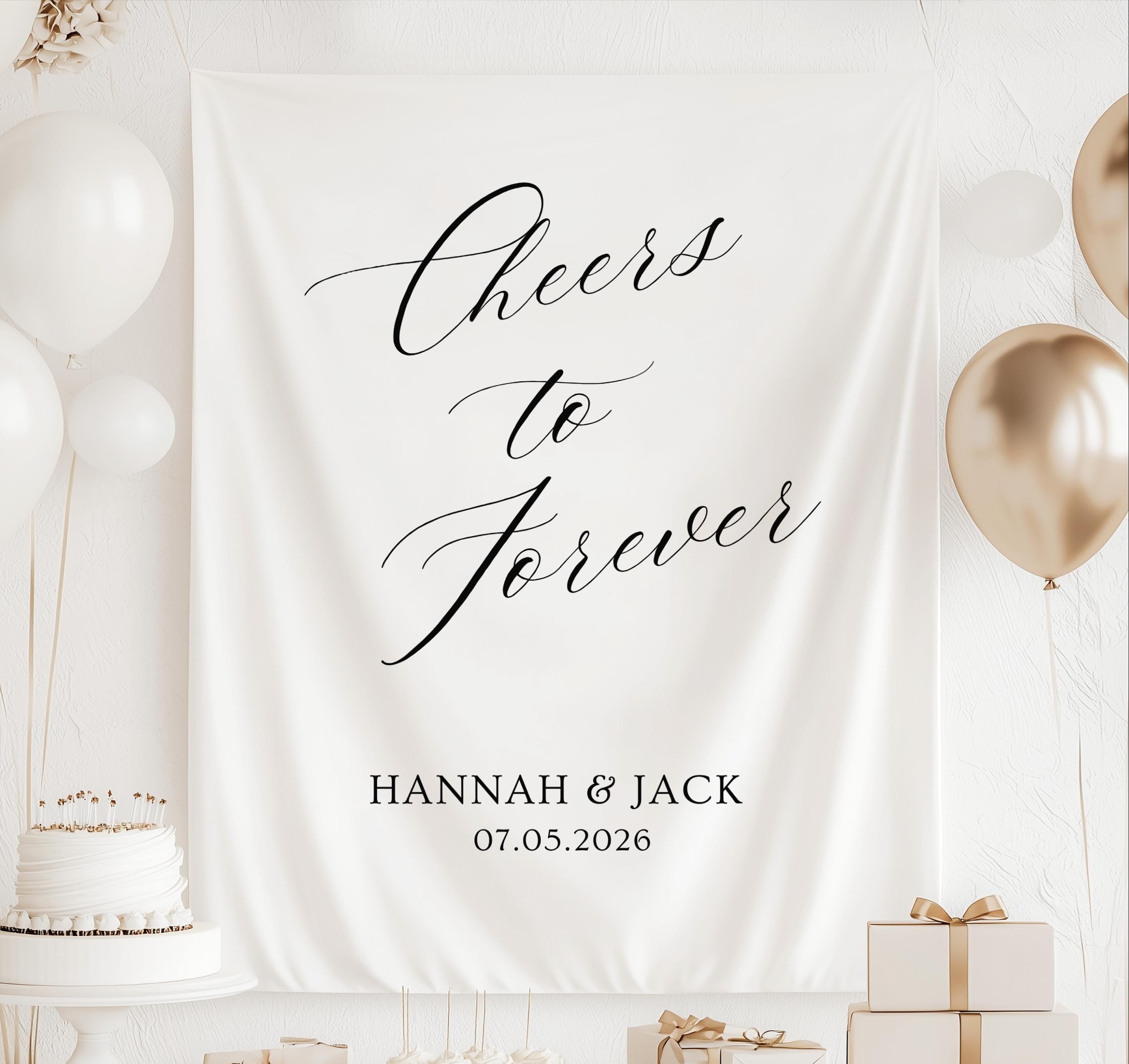 Personalized Cheers to Forever banner customized with names and wedding date for wedding celebrations