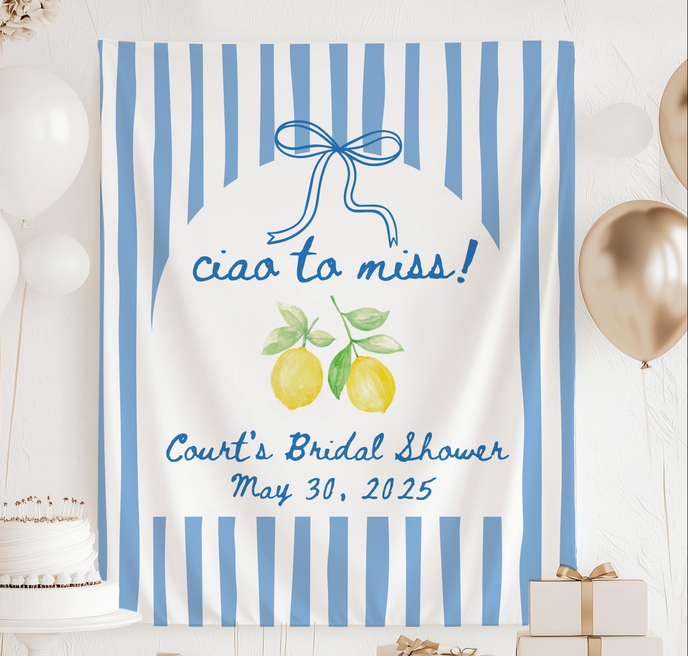 Personalized Ciao to Miss bridal shower banner customized with the bride's name for an Italian themed bridal shower