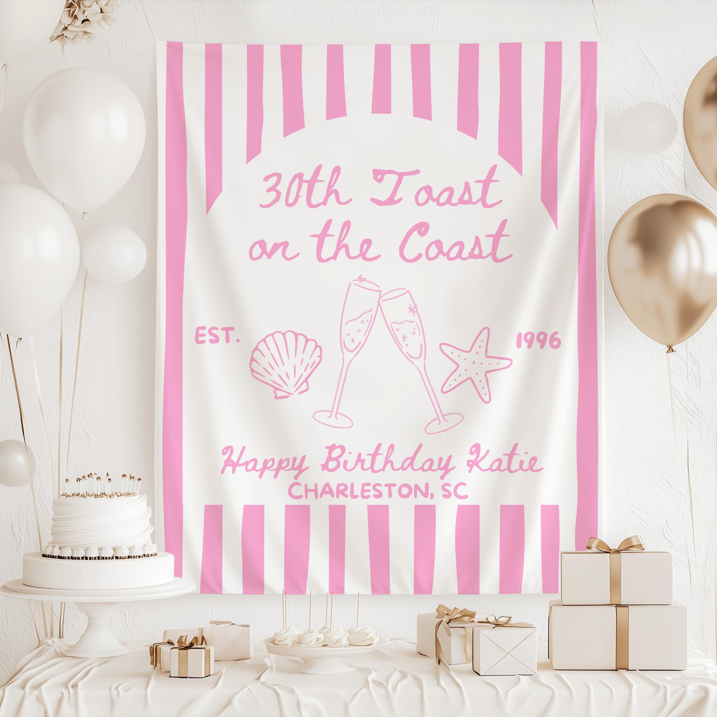 Personalized coastal birthday banner featuring Toast on the Coast theme for a stylish 30th birthday celebration
