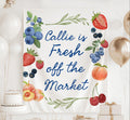 Fruit market themed bridal shower backdrop featuring watercolor berries peaches cherries and custom name