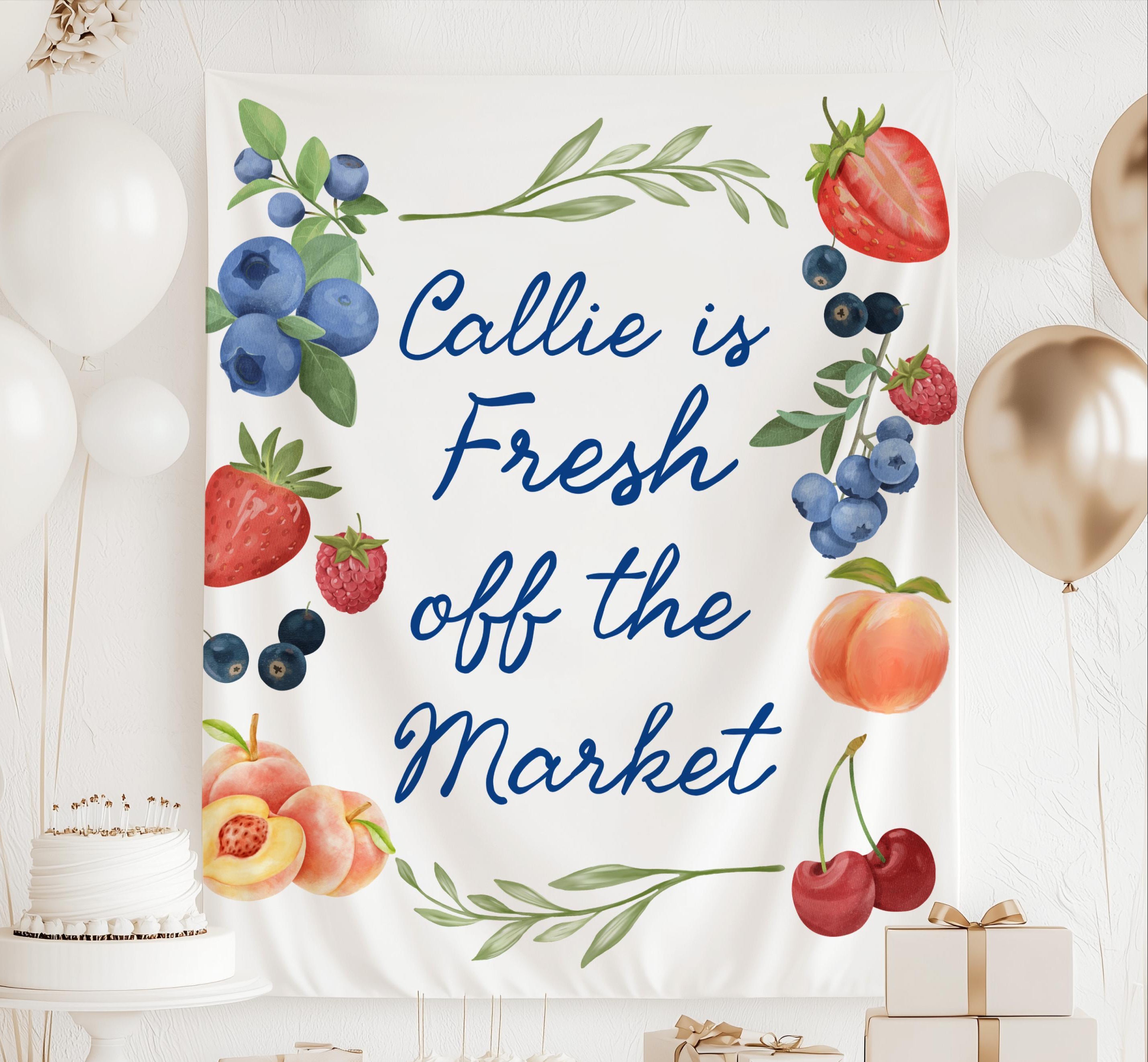 Fruit market themed bridal shower backdrop featuring watercolor berries peaches cherries and custom name
