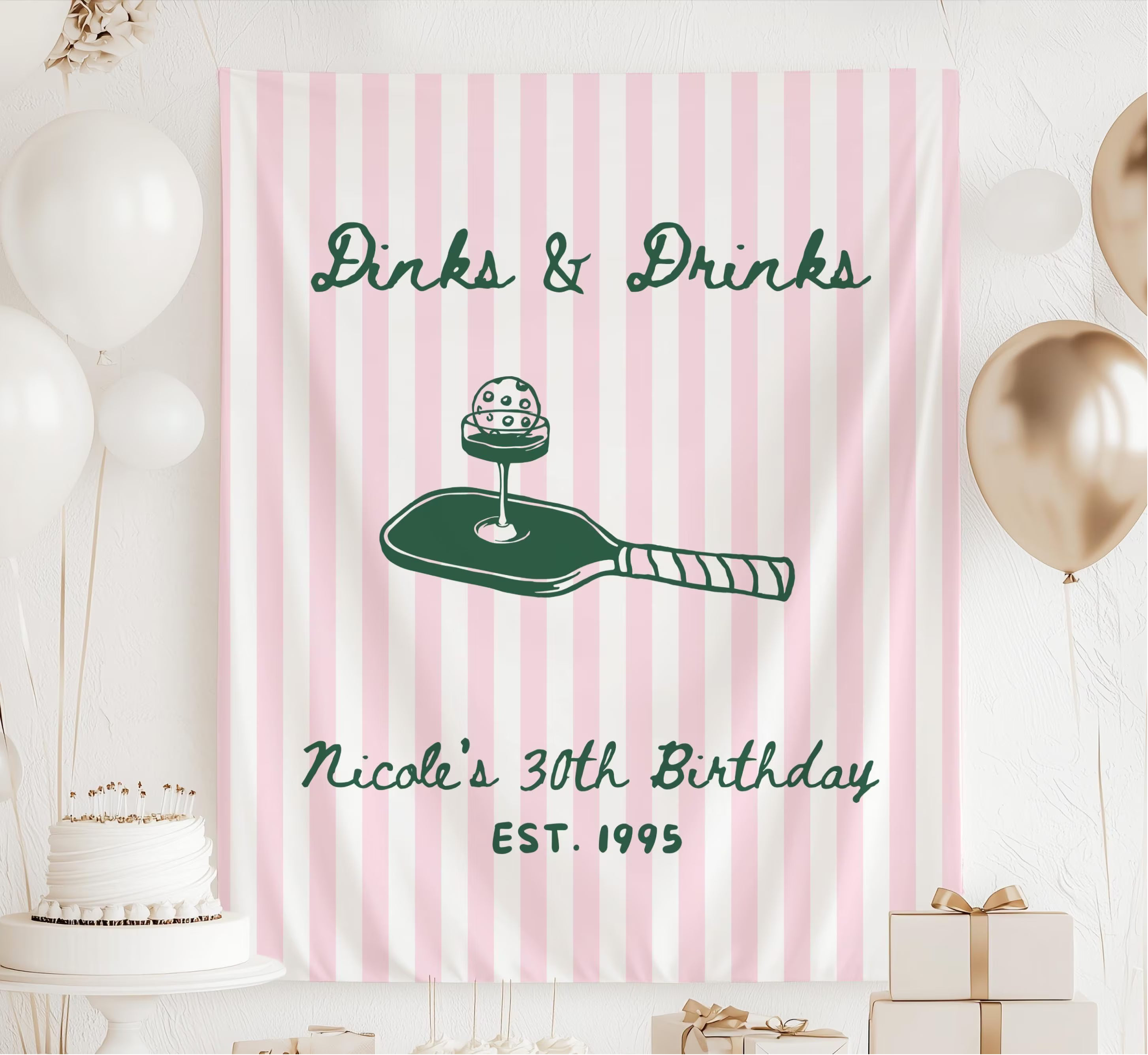 Personalized Dinks and Drinks pickleball birthday banner customized with any age and name for a pickleball themed birthday party