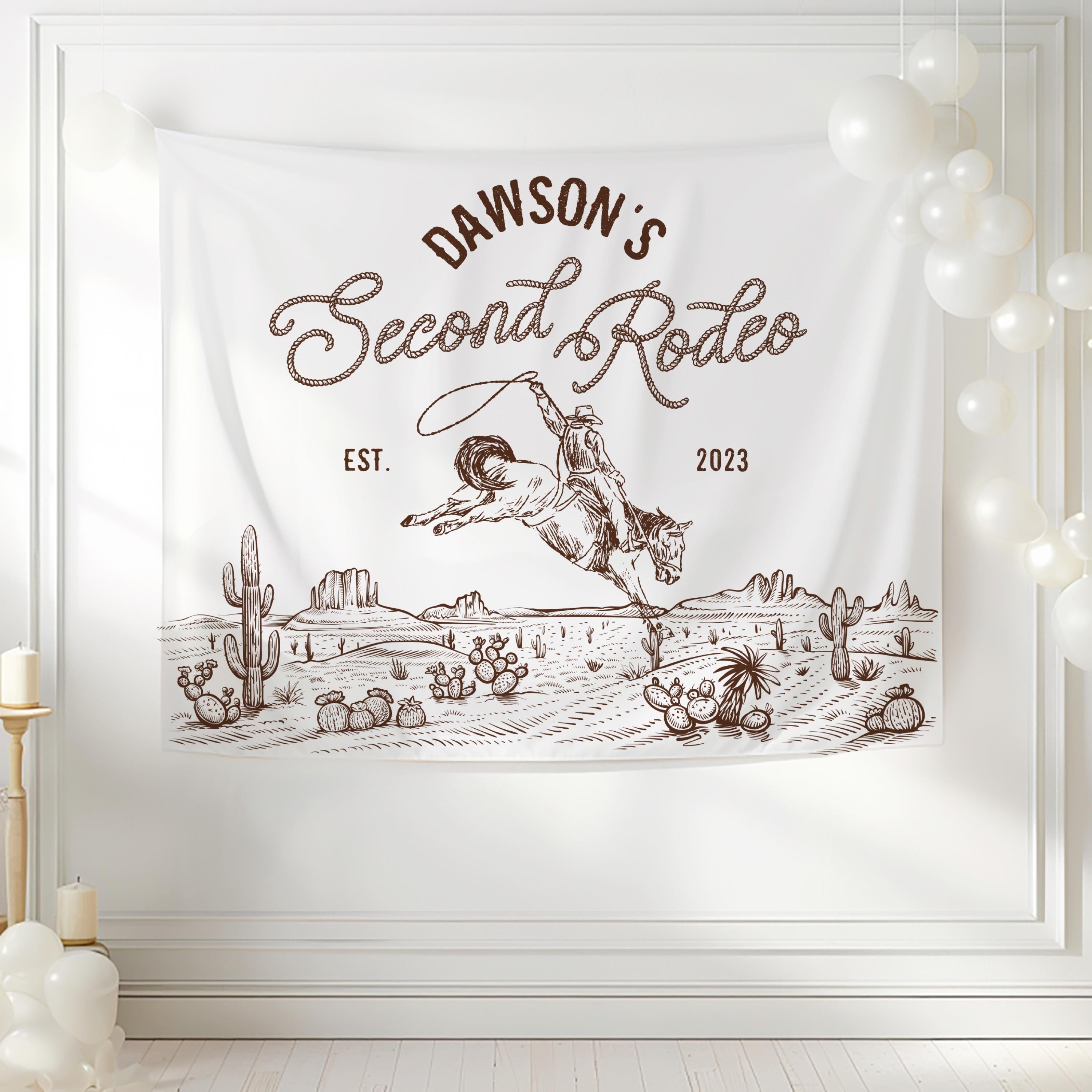 Personalized Second Rodeo birthday backdrop designed for western birthday parties, cake smash photos and cowboy celebrations.