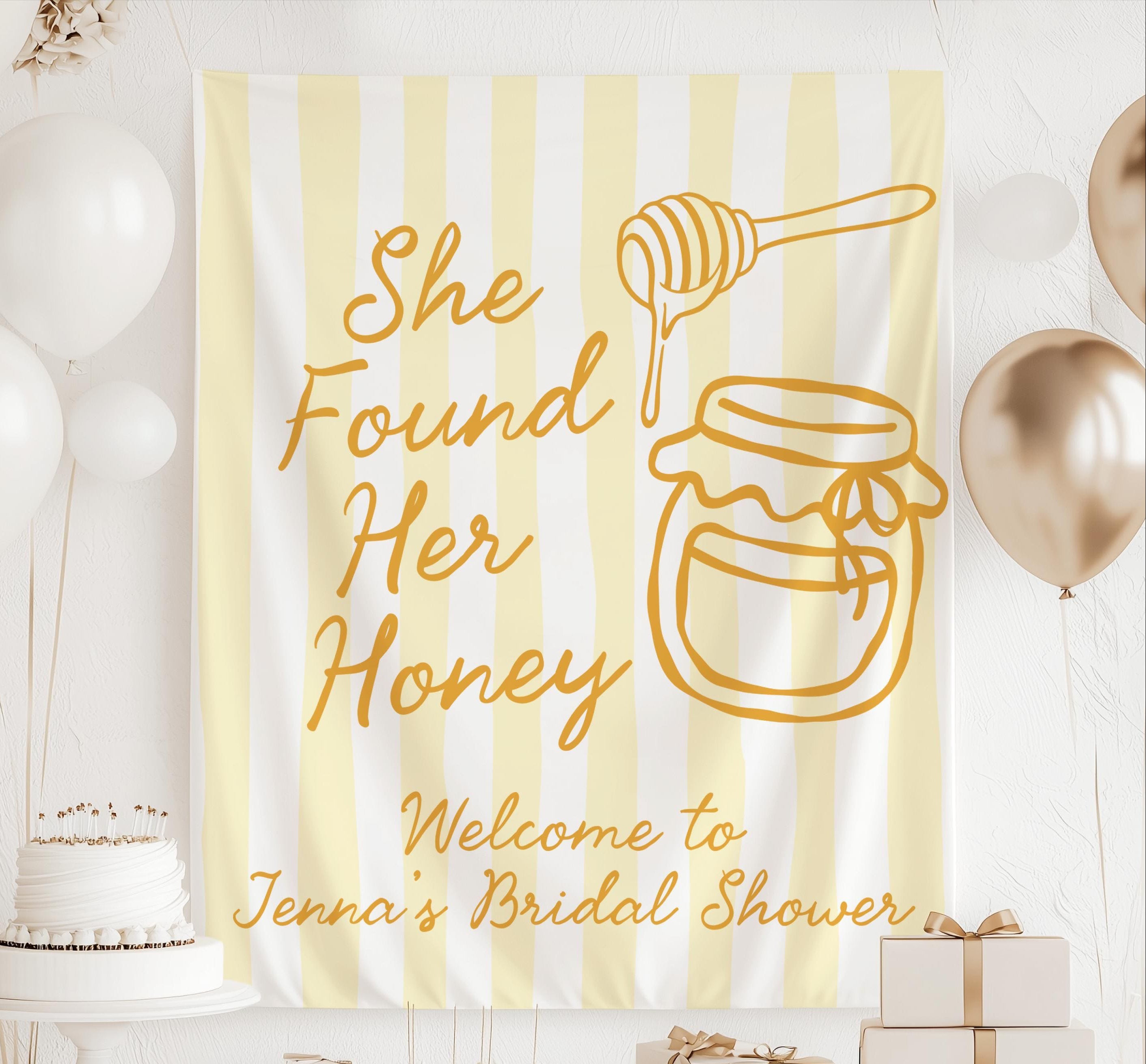 Personalized She Found Her Honey bridal shower banner customized with the bride's name for a bee themed bridal shower