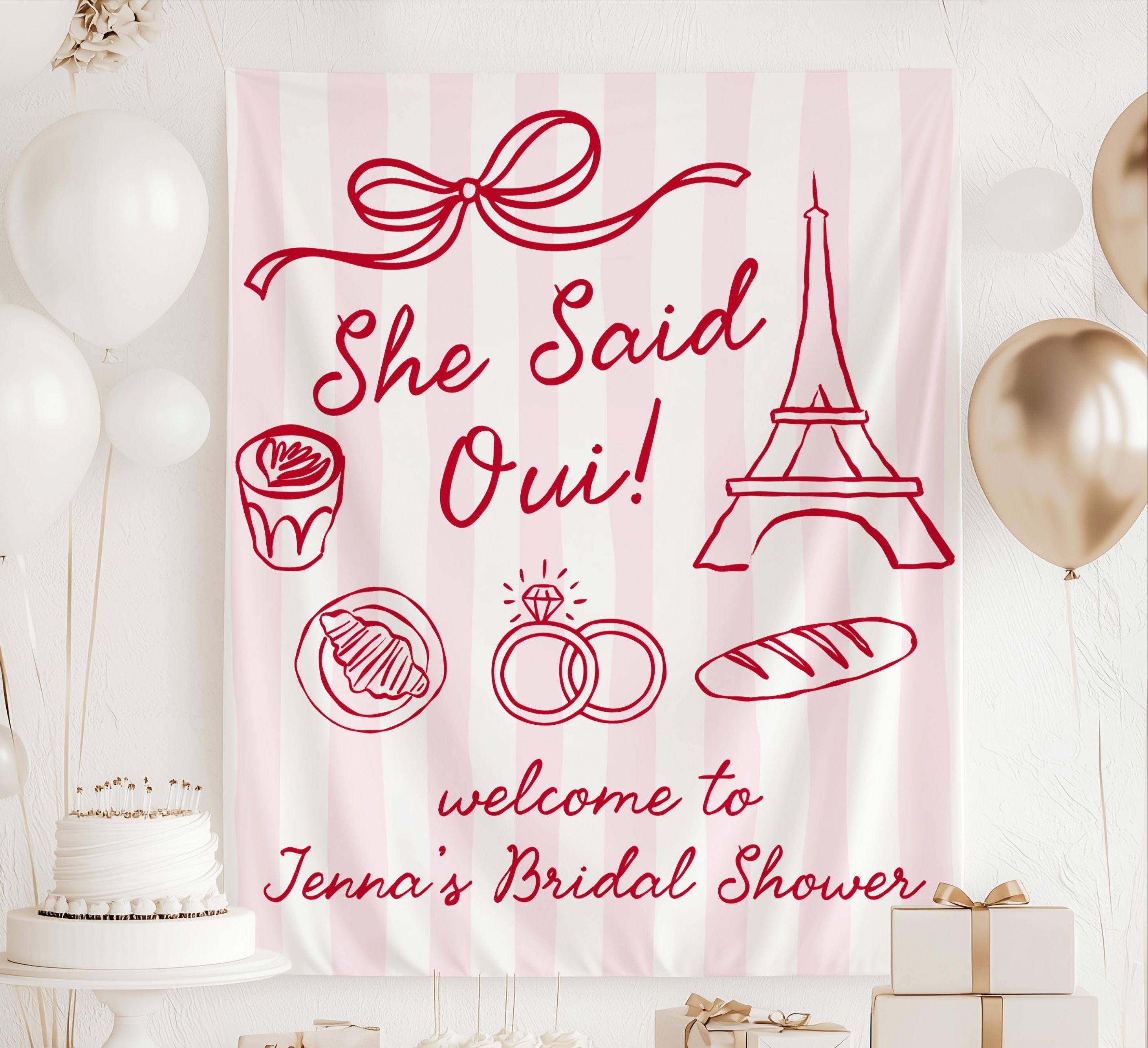 Personalized She Said Oui bridal shower banner customized with the bride's name for a Paris themed bridal shower
