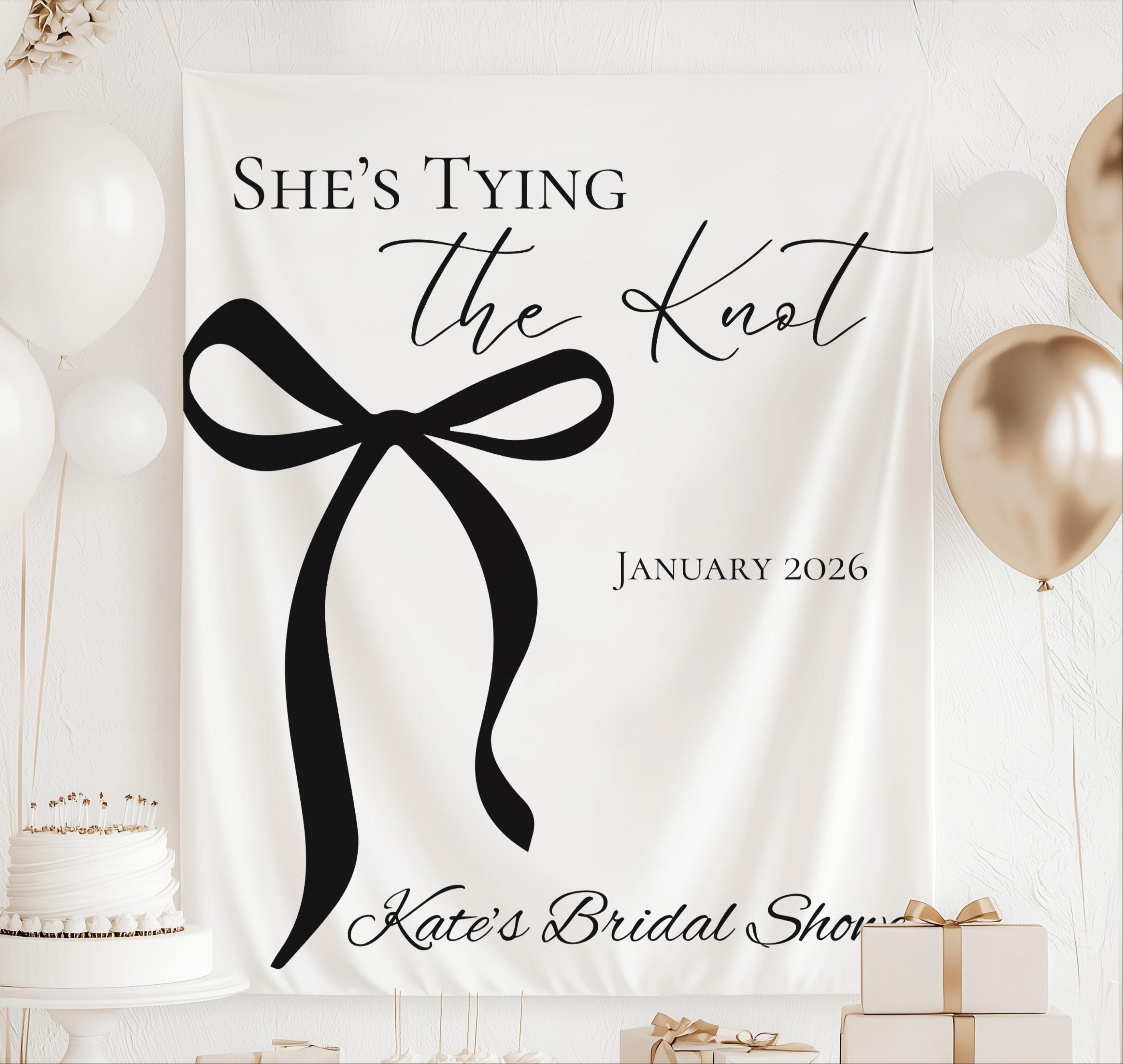 Personalized She's Tying the Knot bridal shower banner customized with the bride's name and event date