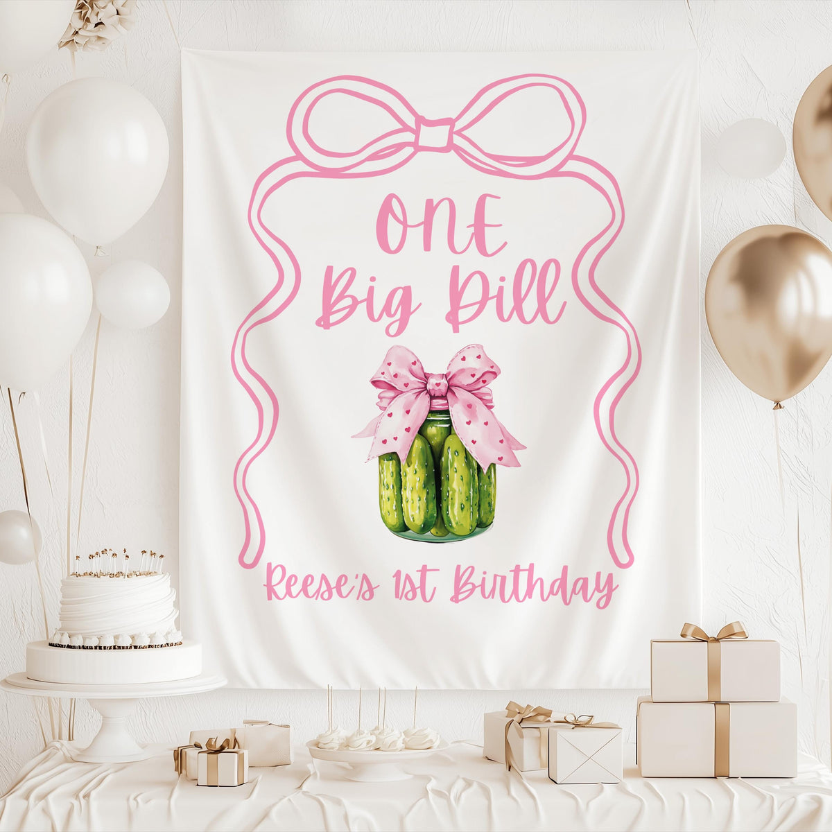 custom pickle birthday backdrop for cake table decorations and first birthday party photos