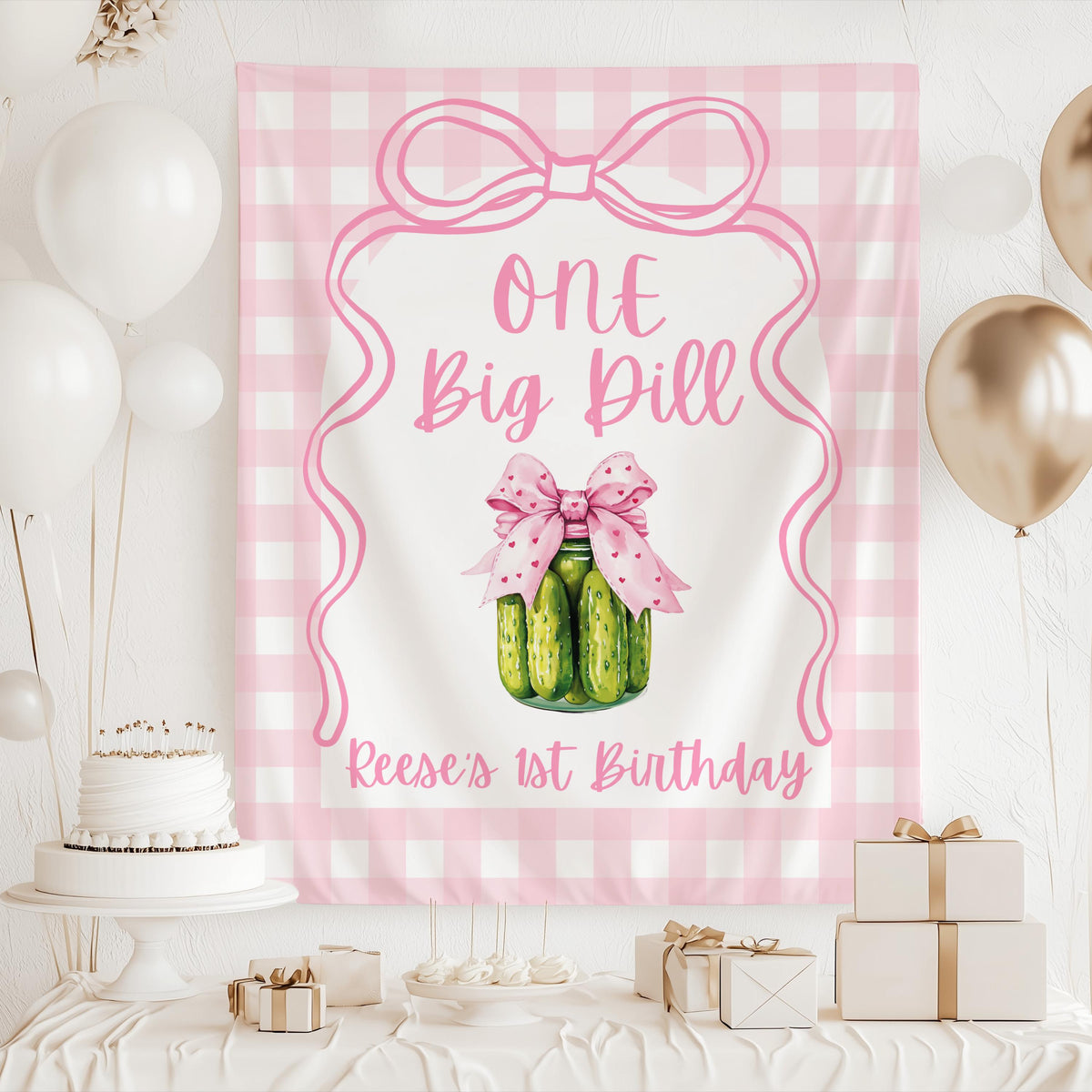 Custom pickle first birthday backdrop featuring a pickle jar with pink bow and personalized party details