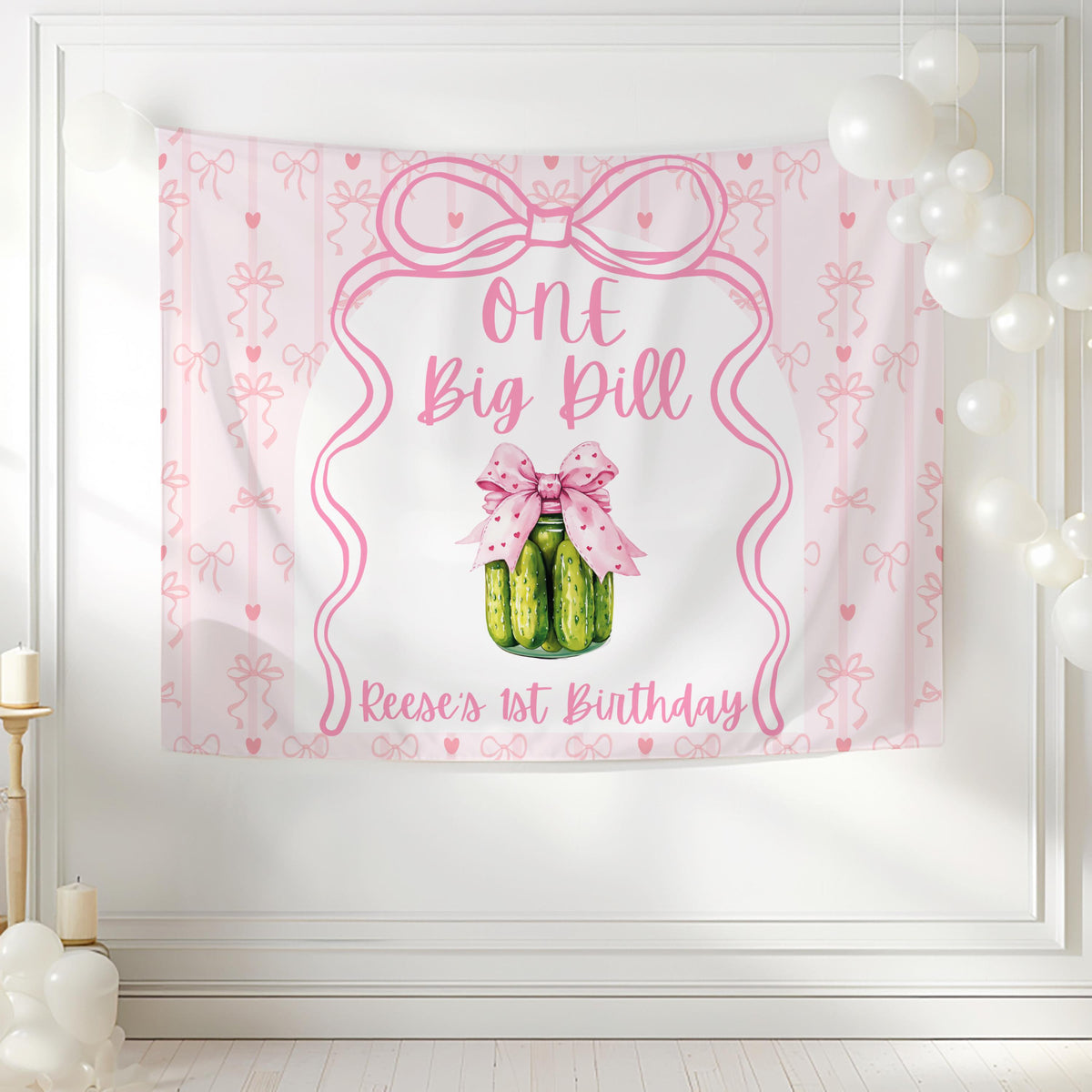 One Big Dill birthday banner featuring a watercolor pickle jar with bow and personalized name