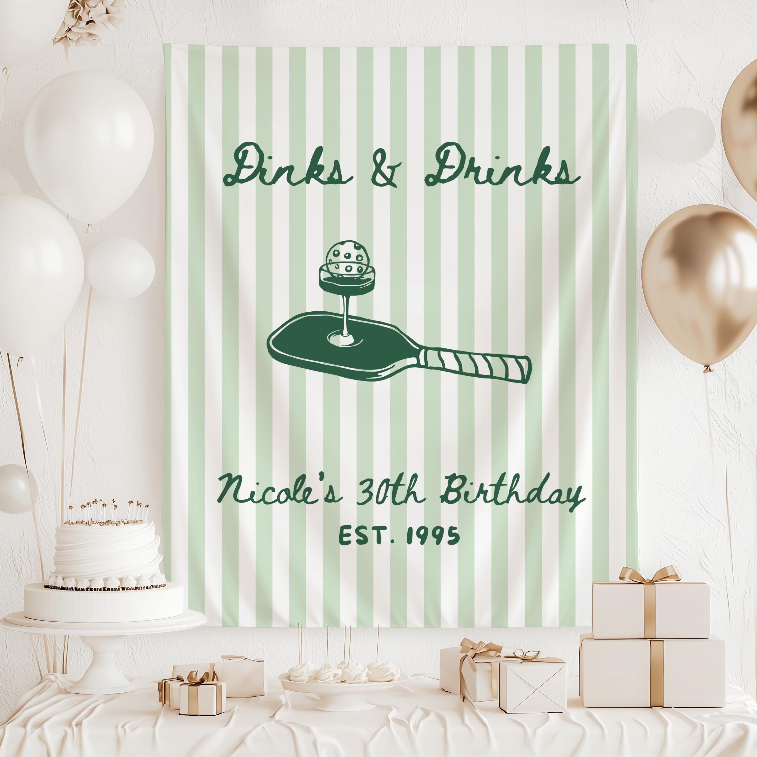 Custom pickleball birthday party backdrop featuring Dinks and Drinks design with personalized name and age